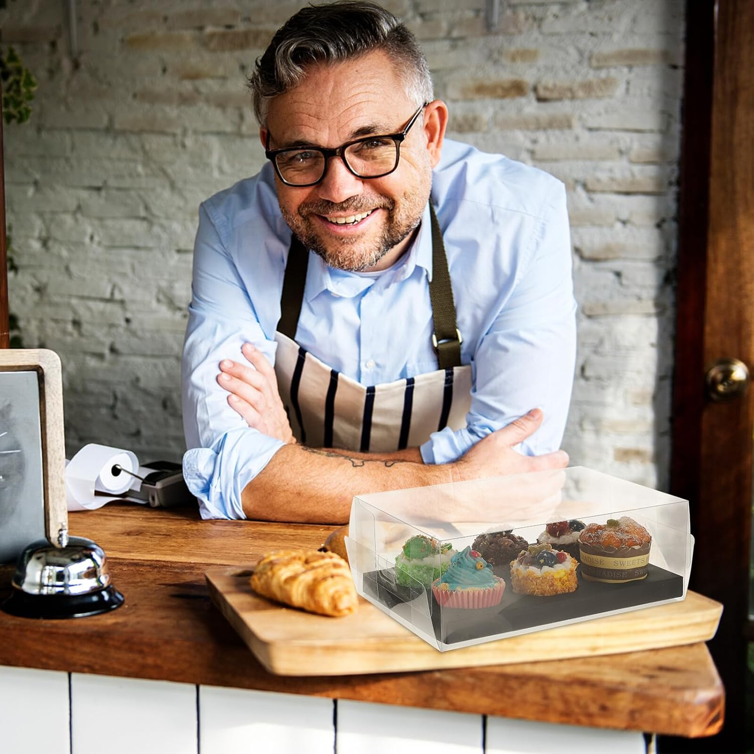 6pcs Transparent Cake Packaging Boxes Portable Dessert Containers for Birthday Wedding Shower Holiday Storage with Black Base