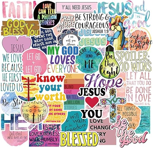 Paquete de 50 calcomanías cristianas con texto en inglés "Jesús Dios te bendiga", calcomanías cristianas con palabras de fe y sabiduría para