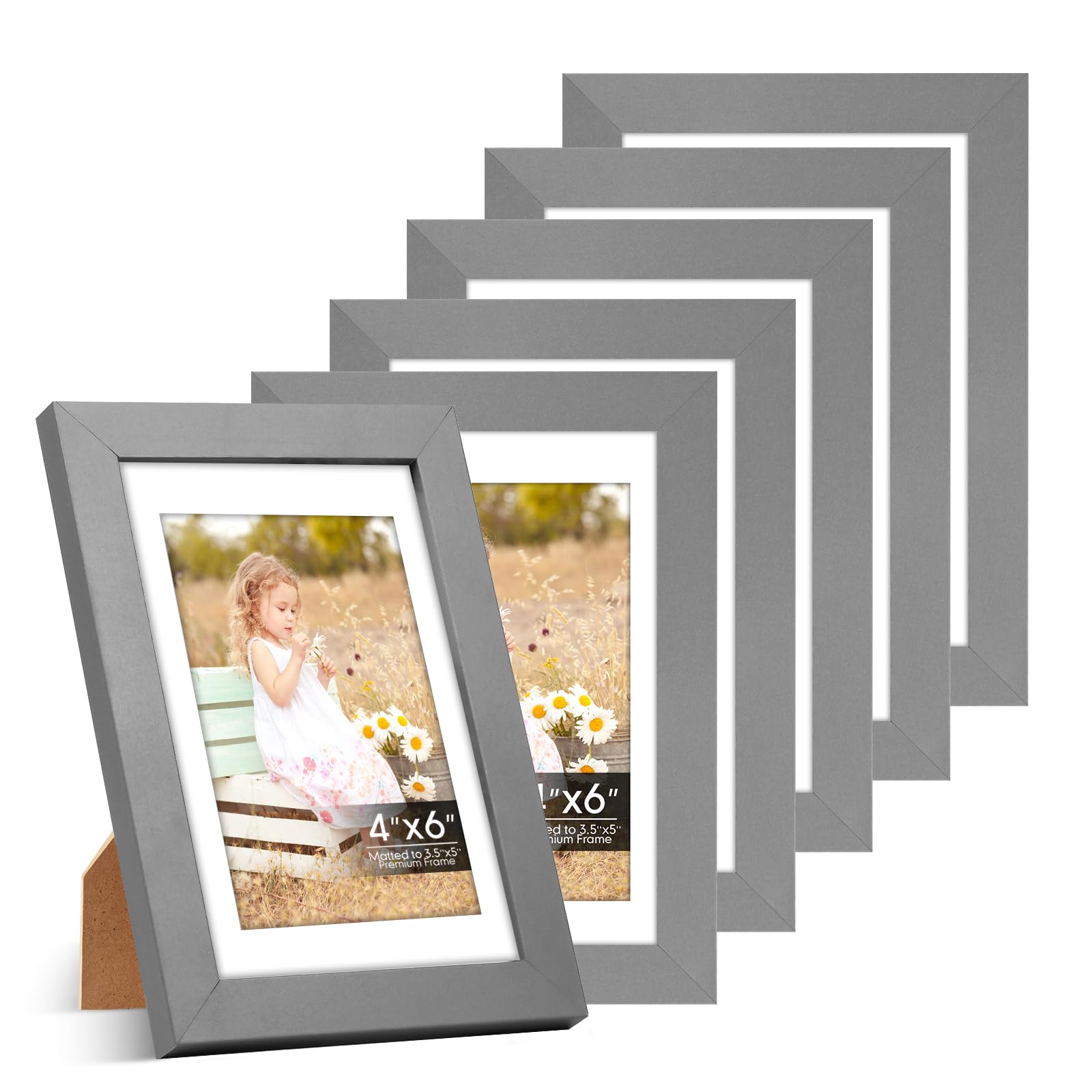 6 Pack 4x6 Frames, Mat for 3.5x5 Photos, Shatter HD Plexiglass | Removable mat fits two photo sizes, slim frame with stand for horizontal &amp; vertical tabletop &amp; wall mount