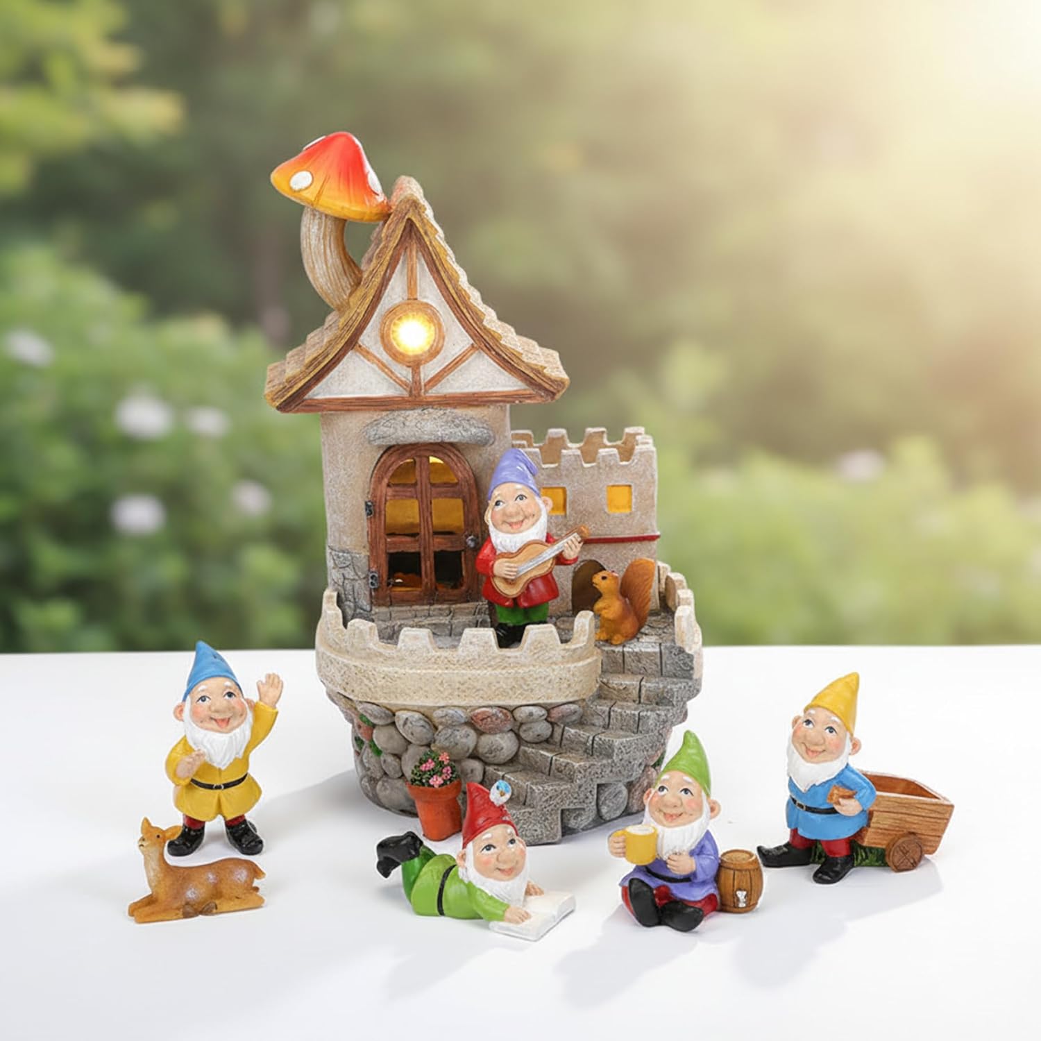 Fairy Garden Kit Solar Fairy Garden House with Gnomes - Enchanted Castle Kit, Waterproof Resin Mushroom Cottage & Small Gnomes Figurines Set