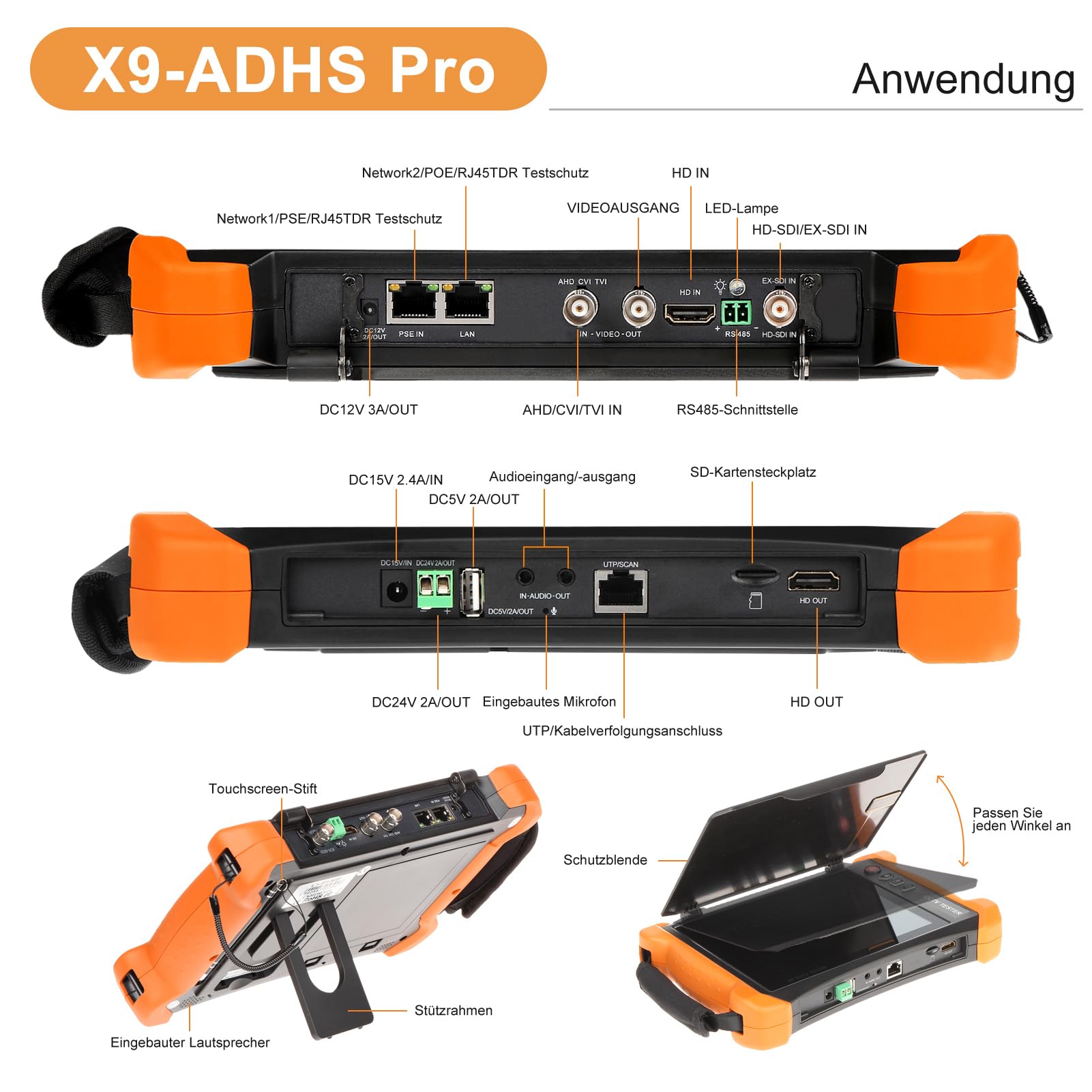 Henkion IPC CCTV Tester X9-ADHS Pro Mit 8 Zoll IPS Touchscreen Monitor, CCTV-Kameratester Unterstützt 8K 32MP IP Und 4K 8MP TVI CVI AHD SDI-Kameratests, Netzwerktester 90W POE++ HD I/O WiFi RS485 RJ45
