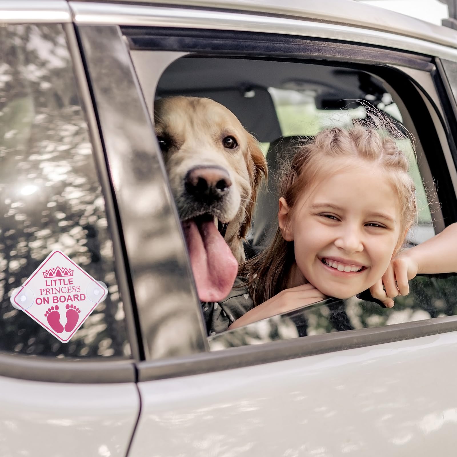cobee Calcomanías de advertencia de seguridad para automóvil, 2 piezas de 5 x 5 pulgadas, calcomanías de princesa pequeña a bordo, extraíbles e impermeables, accesorios con doble ventosa para