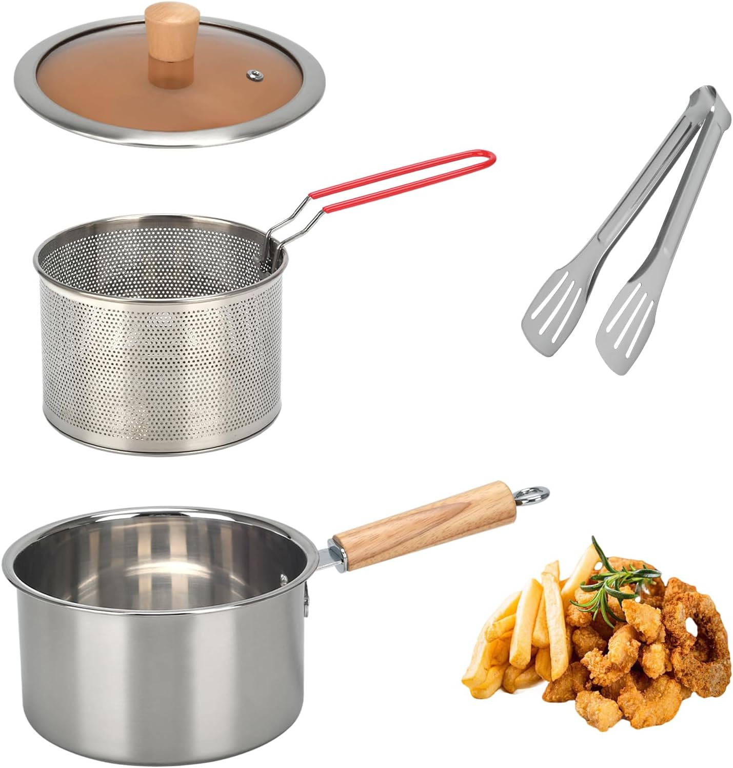 2.5L Deep Fryer Pot with Basket, 304 Stainless Steel Small Deep Fryer with Lid Round Frying Pan for Kitchen Cooking Frying French Fries, Chicken Wings, Fish, Shrimp