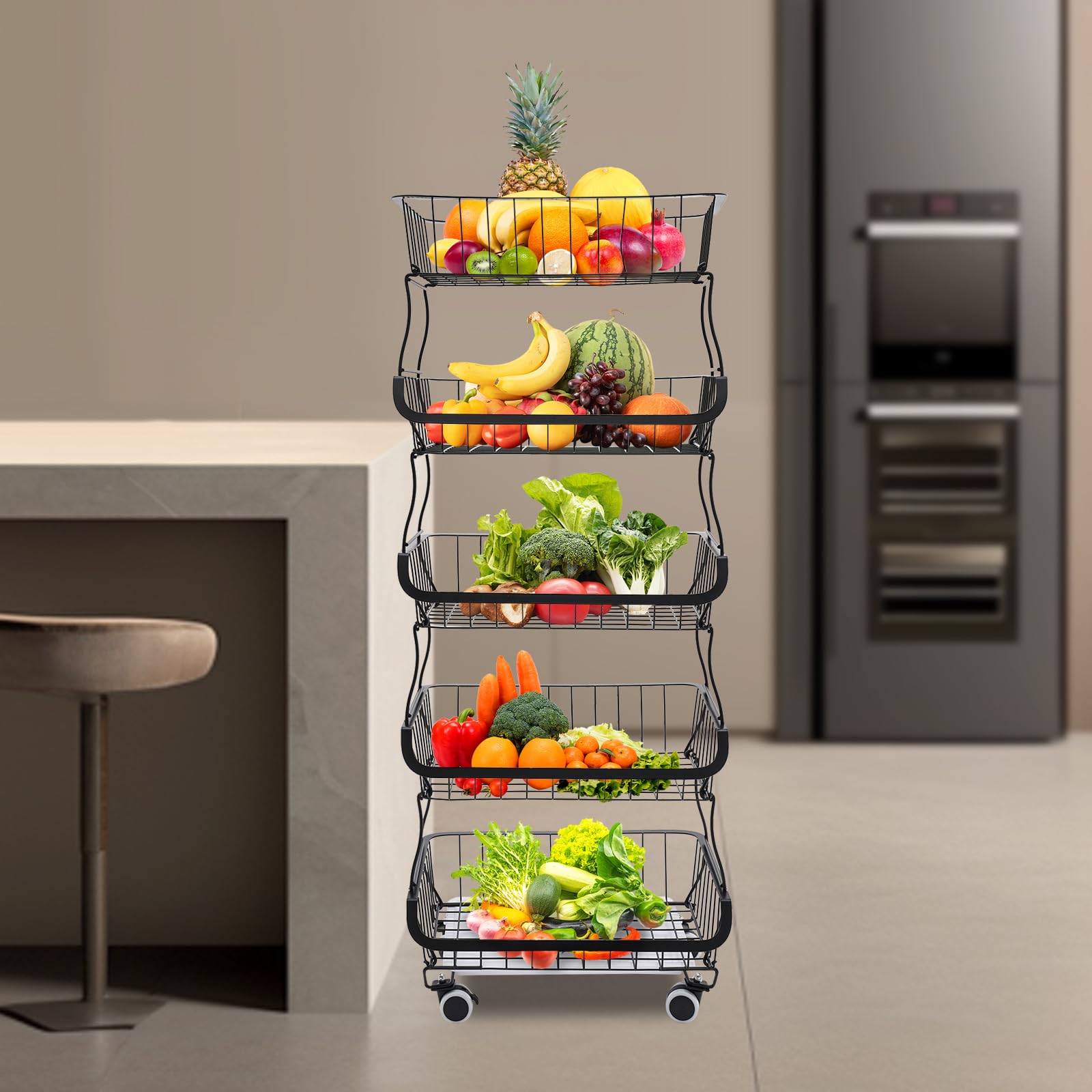 Carrito de cocina de 5 niveles, apilable, cesta de frutas, capacidad de carga de aproximadamente 22,05 libras, se puede mover a voluntad, diseño de rejilla y bandeja de recogida de agua, para colocar