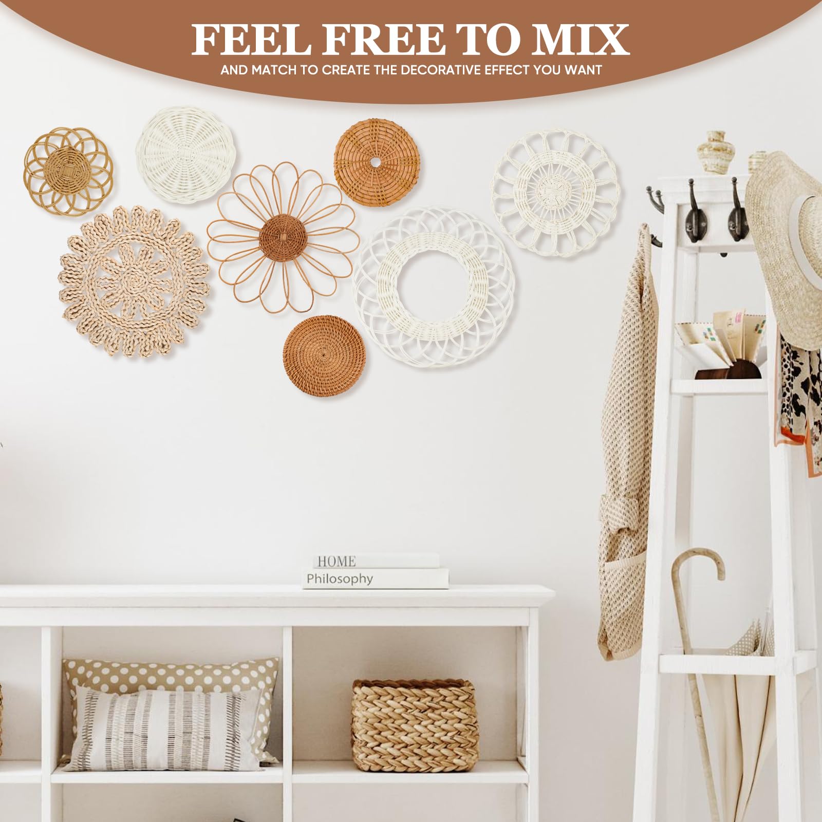 LOCS MICRAI Wall Basket Decor Set of 8,Flat Woven Basket Wall Hanging