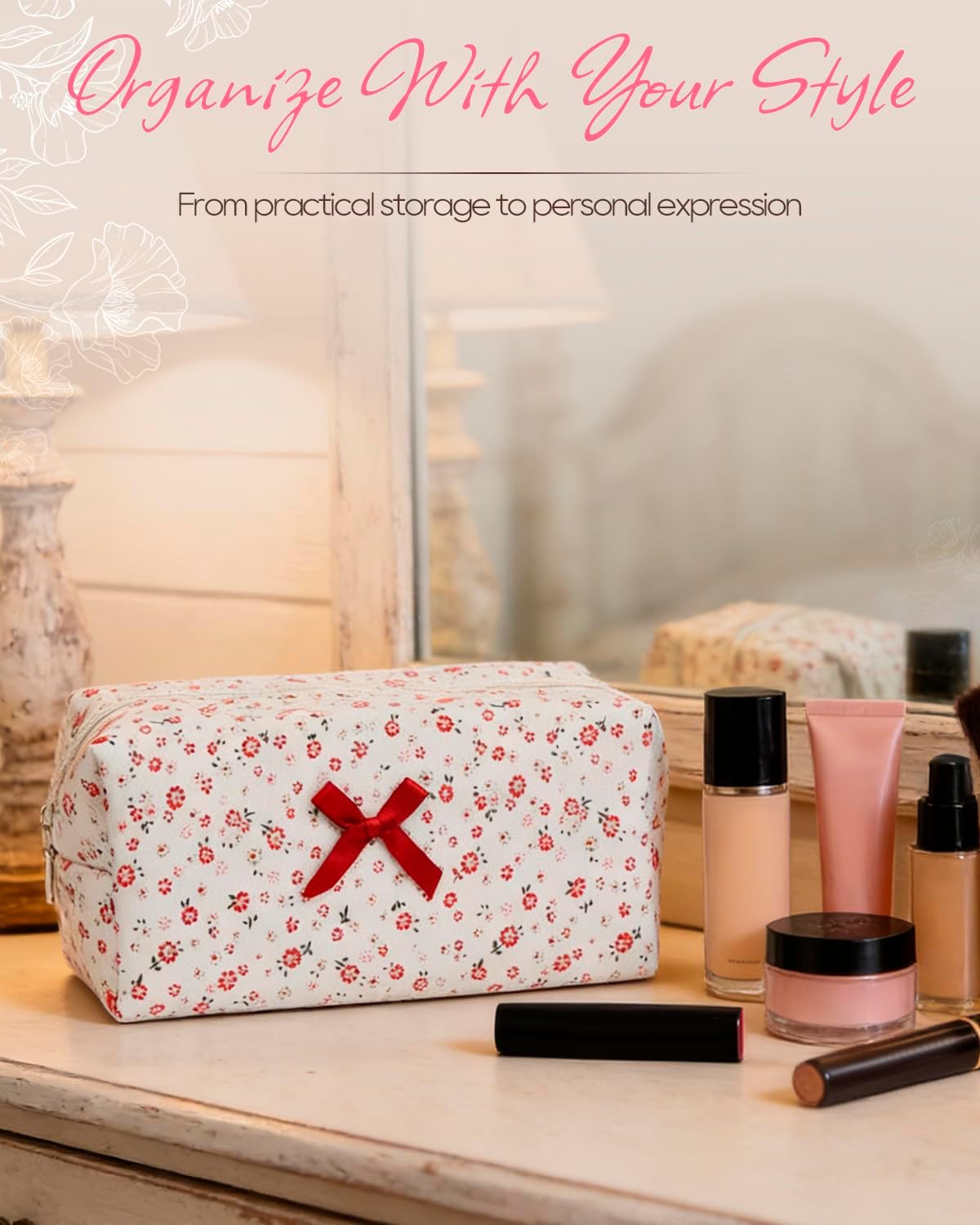 9 Pack Quilted Makeup Bag, Floral Makeup Bags Bulk Set - Travel Toiletry Pouches, Organizer for Bathroom, Gym, Emergency Kits, Vacation Essentials