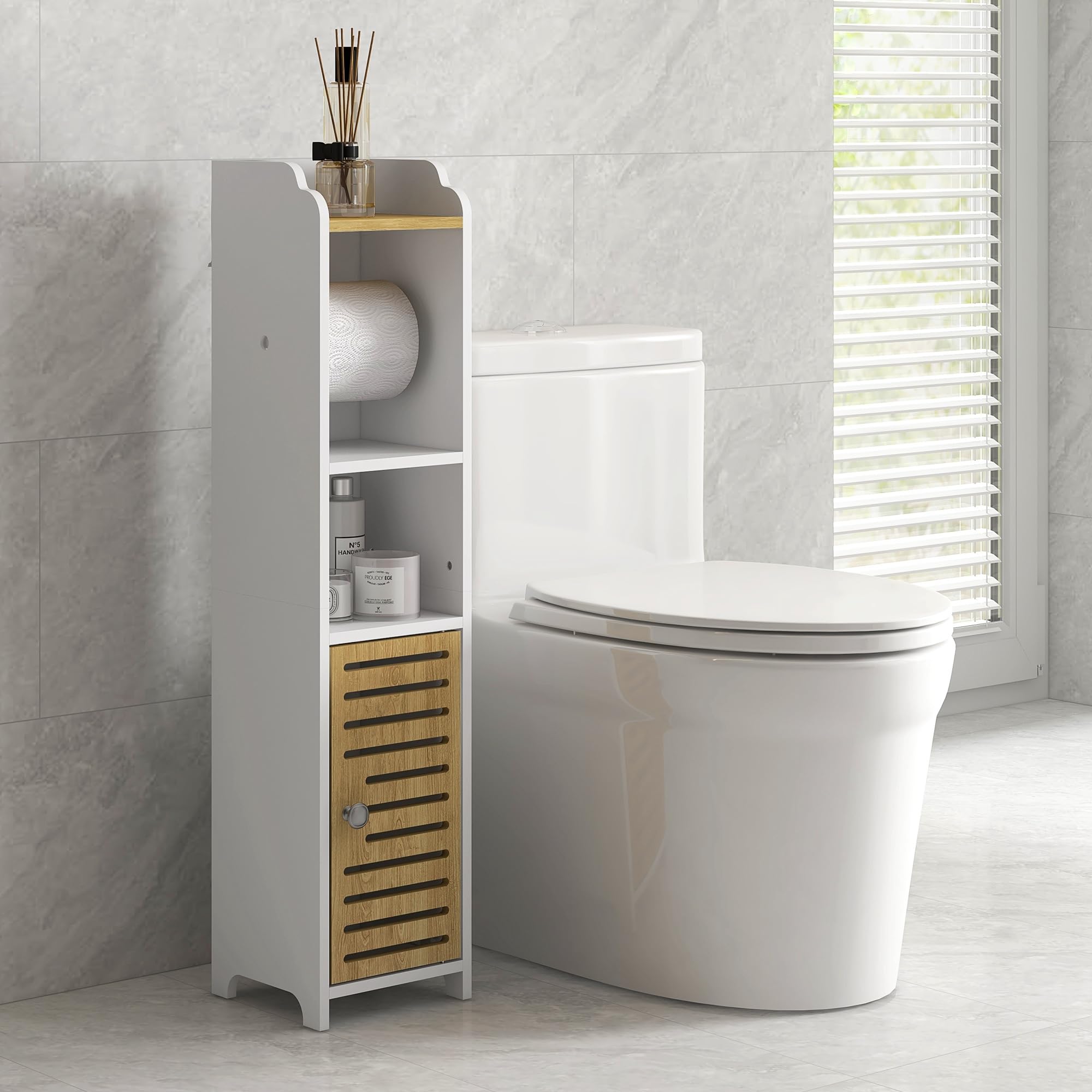 kleankin Mobiletto Bagno Salvaspazio in Truciolato 18x20x90 cm Bianco | Mobiletto Multiuso, Ripiano Porta Carta Igienica, Ripiani Aperti, Armadietto Inferiore