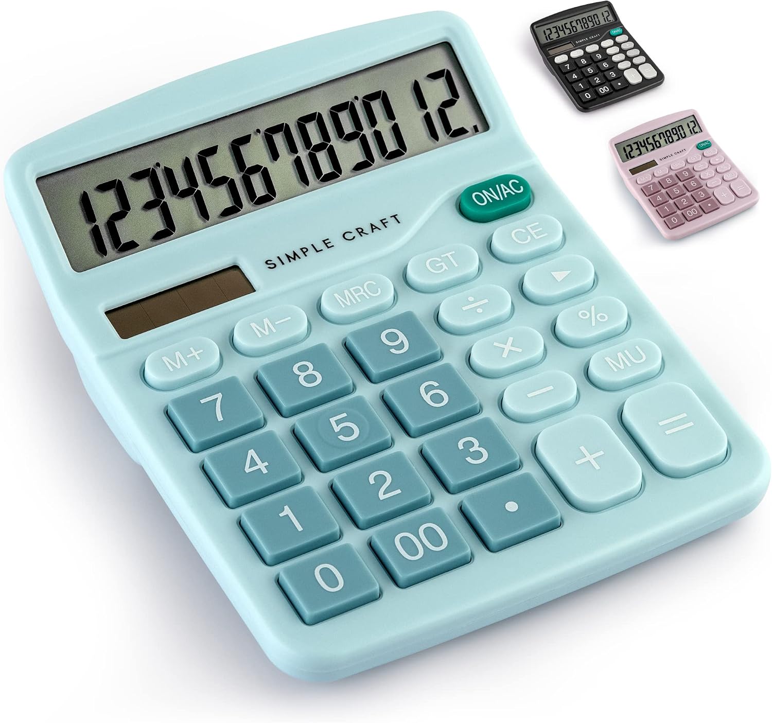 Simple Craft 12-Digit Desk Calculator Large Display 4” LCD Screen - Solar Powered Office Calculators Desktop Tool with Big Sensitive Buttons - Handheld Basic Calculator for Home and Office (Mint)