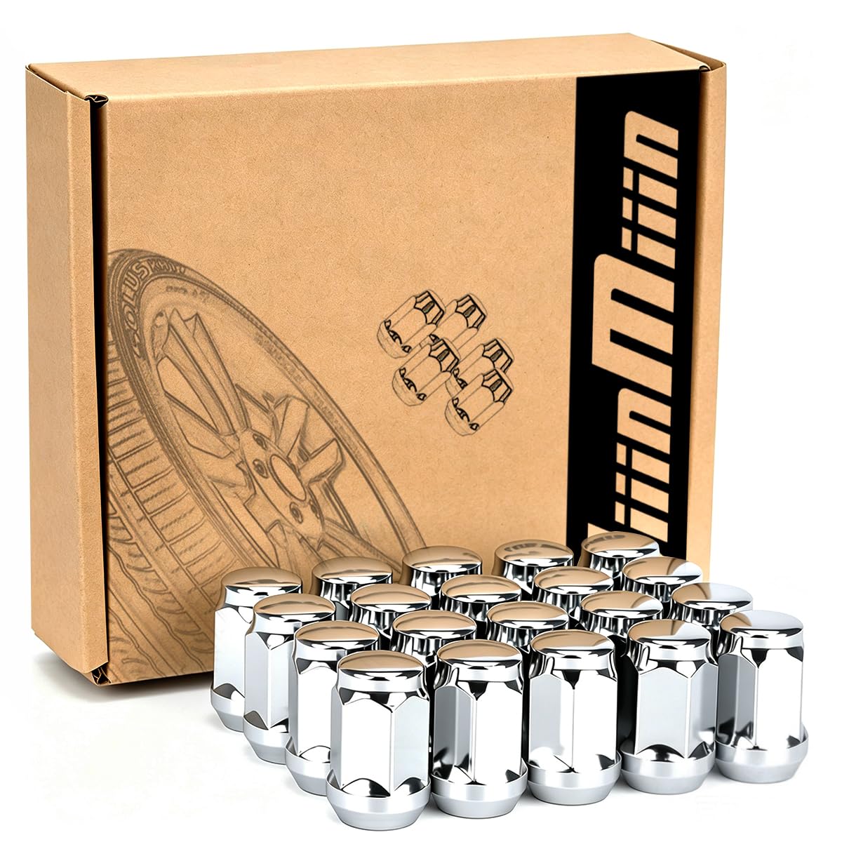 JiiinMiiin M12x1.25 Chrome Lug Nuts with Cone Seat, 20PCS with 1 Socket Key