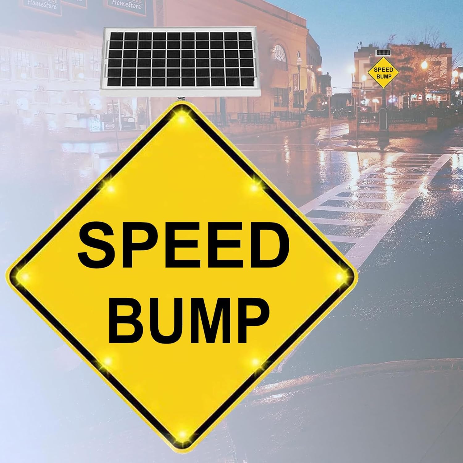 24" Solar Powered SPEED BUMP Warning Sign, High Brightness LED Flashing Lights, Aluminum Speed Bump Road Warning Signs Traffic With automatic flashing function at night (A, 61cm/24in)