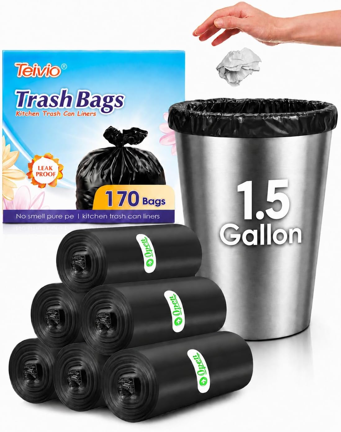 Teivio Small Clear Trash Bags 1.5 Gallon 170 Count Unscented Garbage Bags