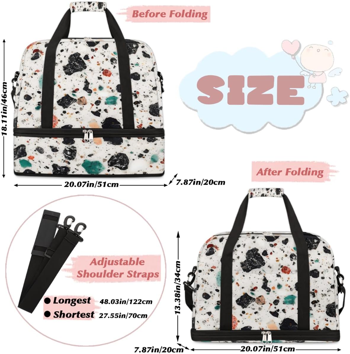 QsirBC Marbles Theme Decor Gym Bag for Women Duffle Tote with Shoes Compartment Men Weekender Duffel for Dance Travel Sports Swimming Overnight