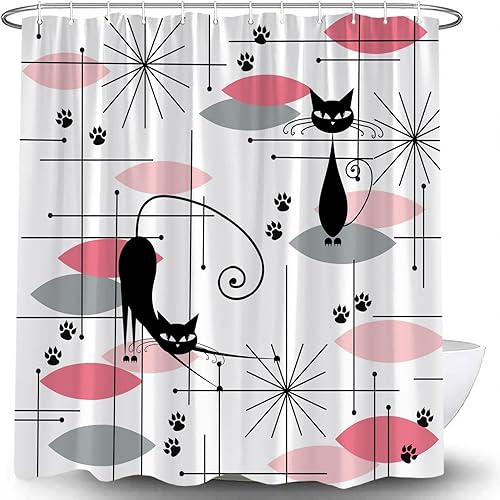 Miniatura 11 de Cortina de ducha moderna de mediados de siglo, gato negro, retro, atómico, negro, abstracto, geométrico, icónico de los años 50 y 60, estética Verde