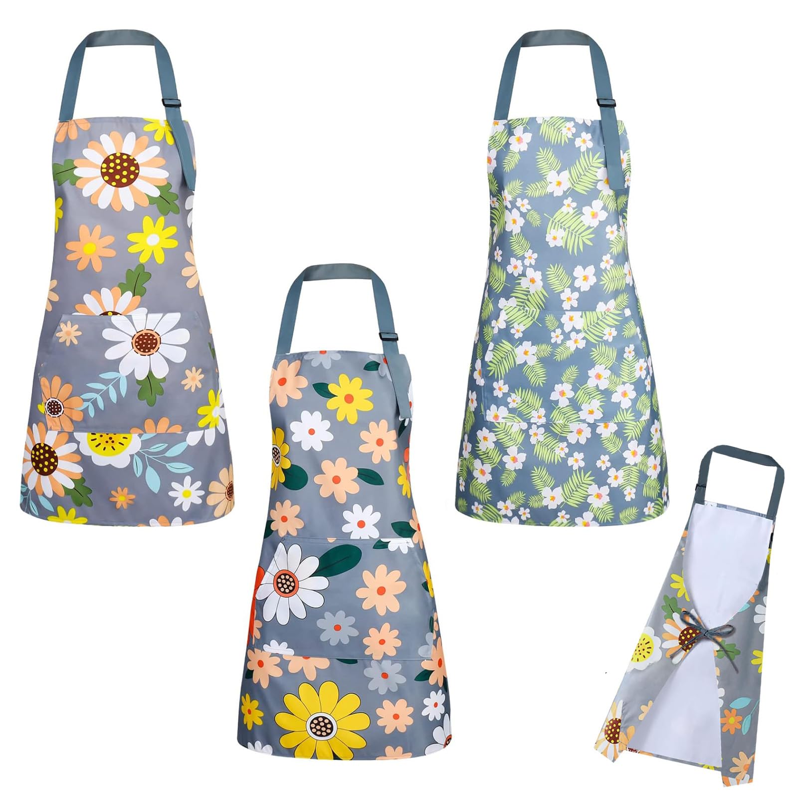 3 Piezas Delantales De Cocina Chefs,Delantales Florales Grandes Con Bolsillos Ajustables,Delantal Impermeable Para Barbacoa, Hornear, Restaurante, Cafetería