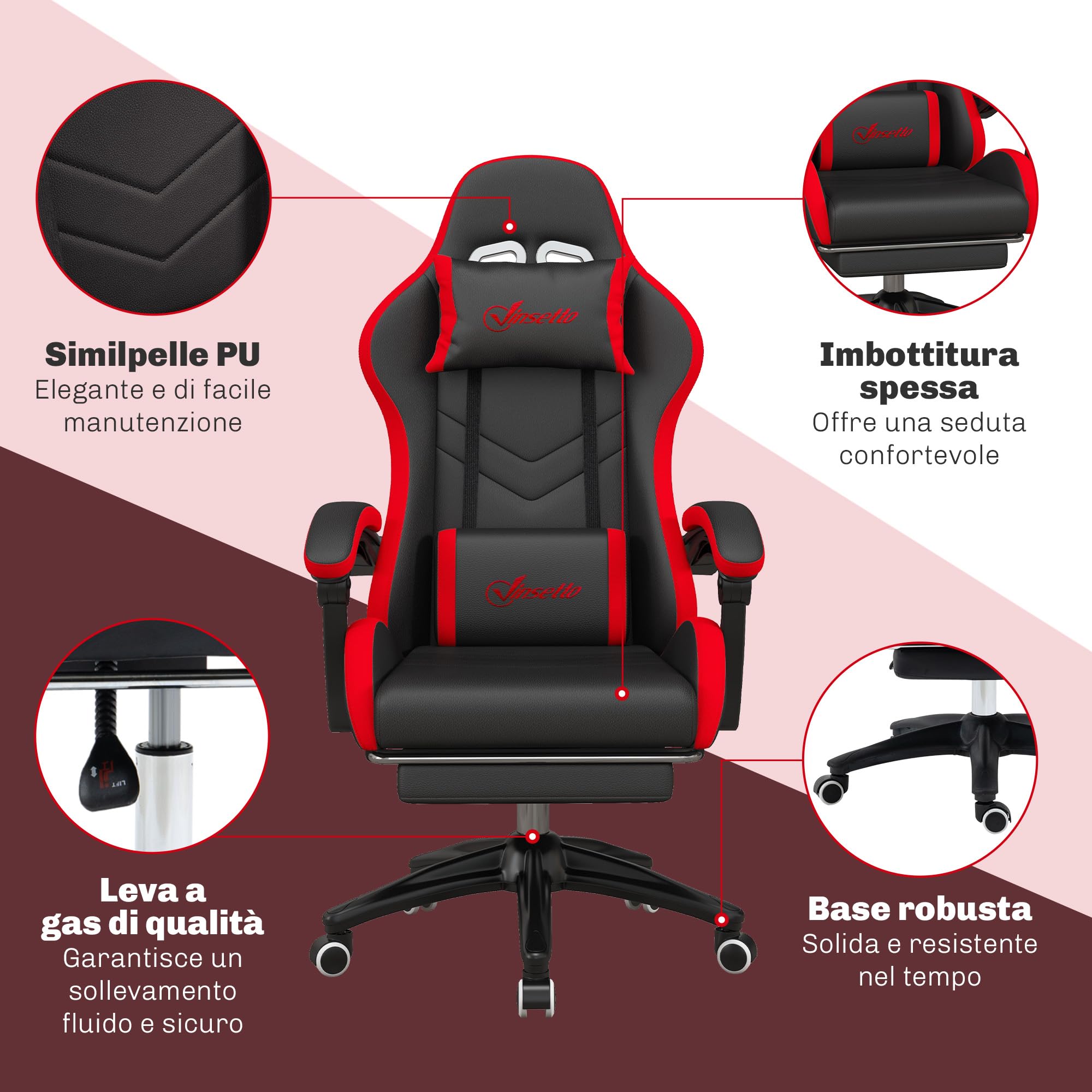 Vinsetto Sedia da Gaming Ergonomica in Pelle PU e Acciaio con Poggiatesta e Altezza Regolabile, Poltrona Gaming con Schienale Reclinabile e Cuscino Lombare, 65x65x121-129 cm, Nero e Rosso