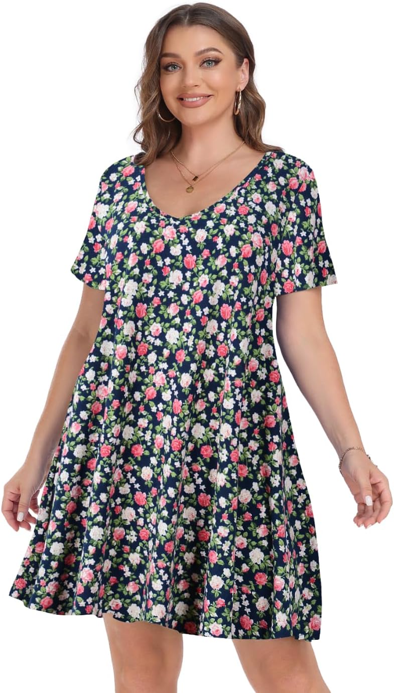 MONNURO Women's Casual Summer T Shirt Plus Size Dress Loose Short Sleeve V Neck Tunic Dress with Pocket - Image 2