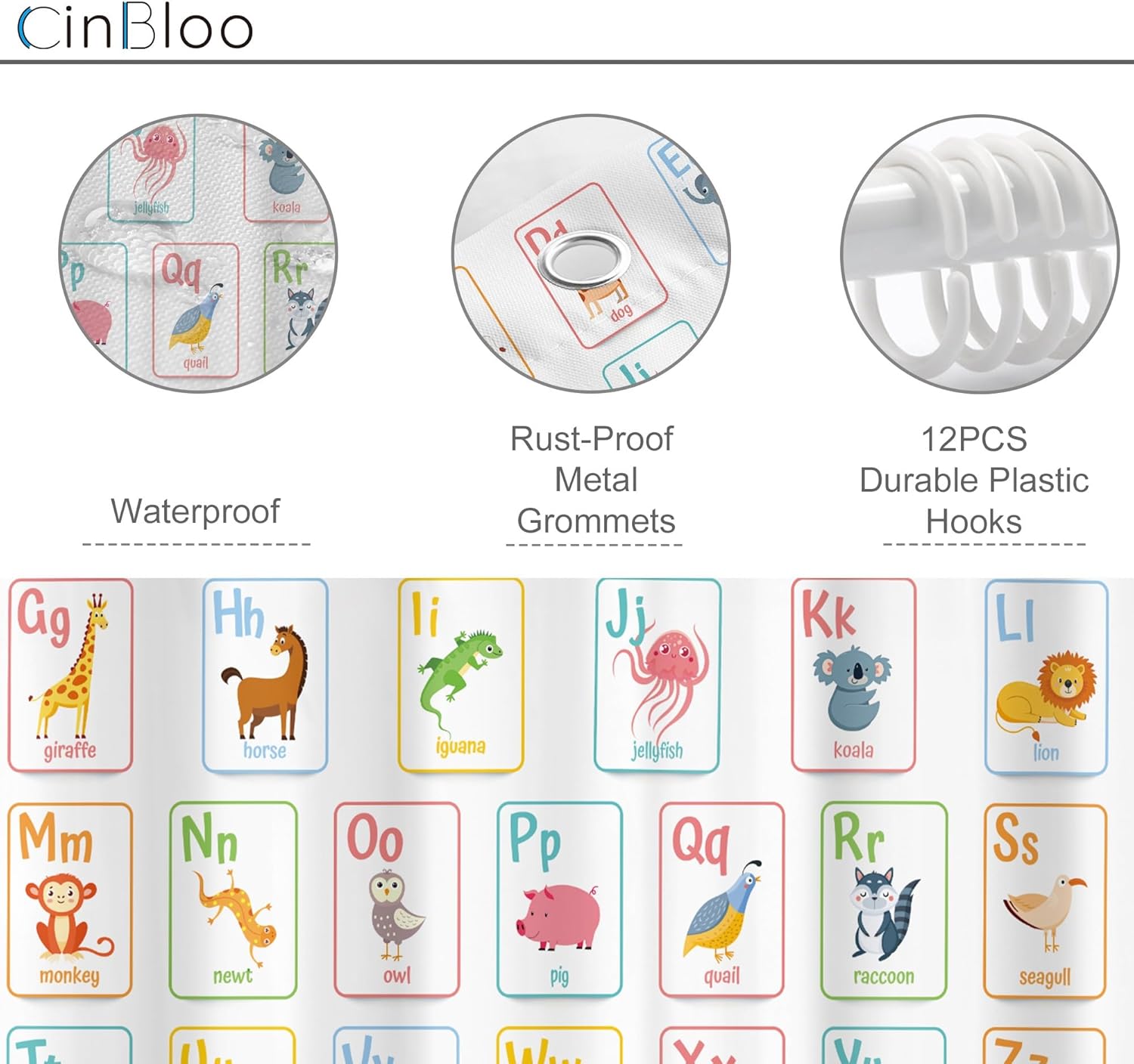 Cinbloo 4Pcs Alphabet ABC Kids Shower Curtain Set, Children Cartoon Cute Animal Colorful Educational Bathroom Curtain with Rug, Toilet Lid Cover, Bath Mat, Number Learning Shower Curtain with 12 Hooks