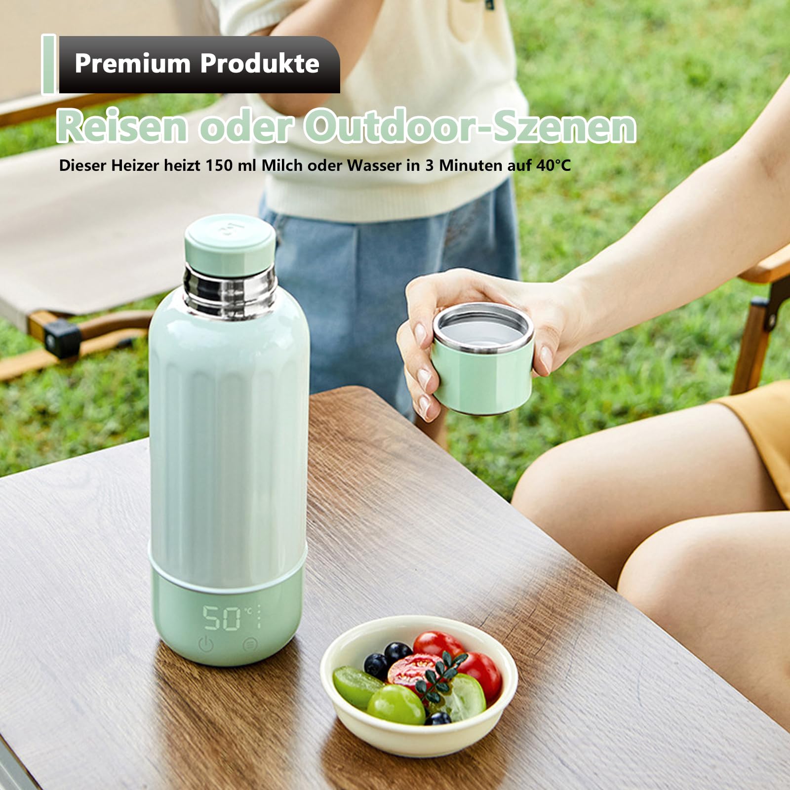Tragbarer Flaschenwärmer Baby Unterwegs, Akku Thermoskanne 500ml, 37-55 °C Einstellbar, Mobiler Milchwärmer mit USB-C, 50W Schnelles Aufheizen für Auto, Reise, Muttermilch und Wasser
