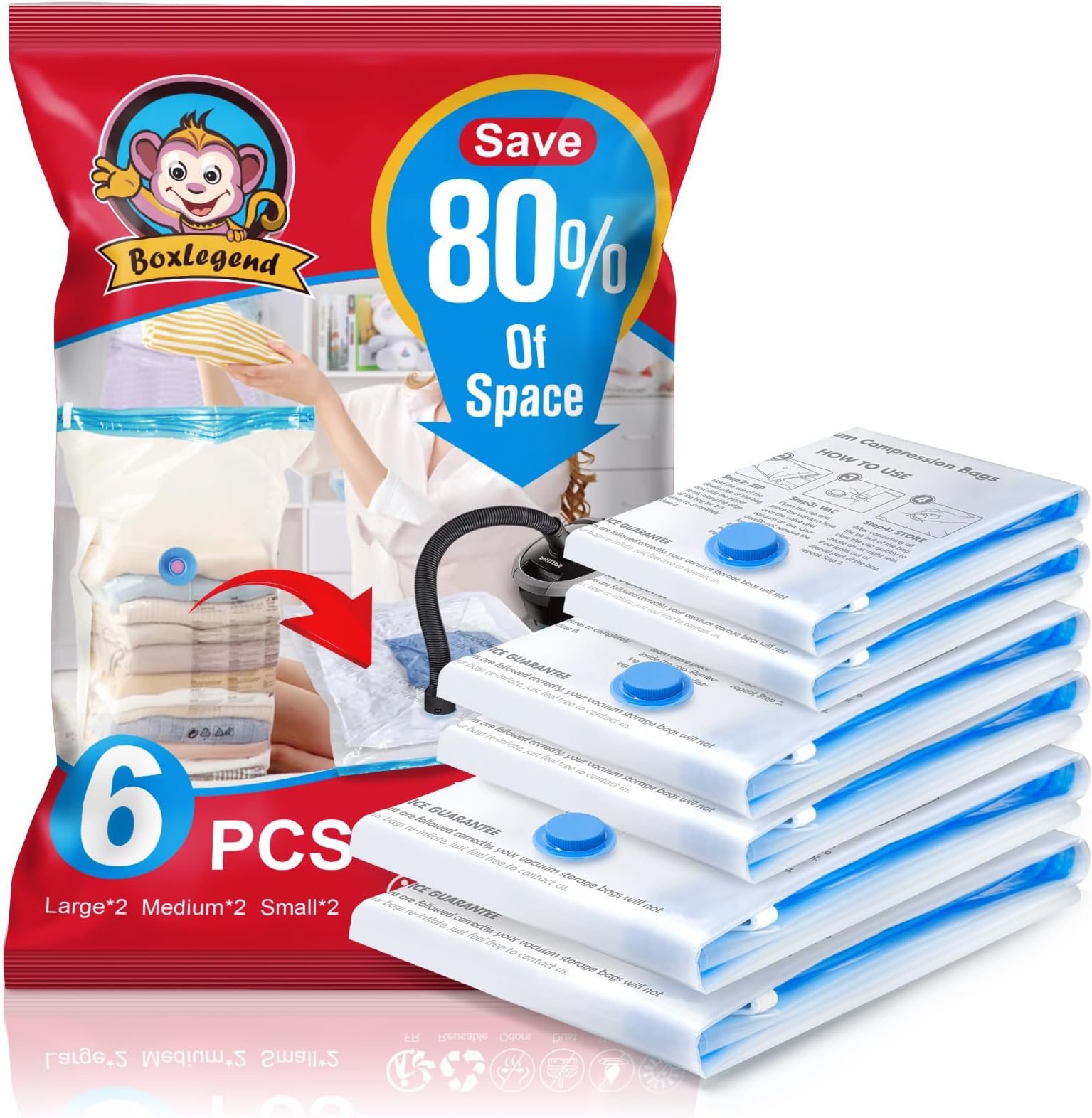 BoxLegend Vacuum Storage Bags 6 Pack Space Saving Bags 2 Jumbo 100x80cm + 2 Large 80x60cm + 2 Small 60x40cm Vacuum Bags Double Zip Seal & Leak Valve Reusable for Clothes Pillow Comforters Bedding