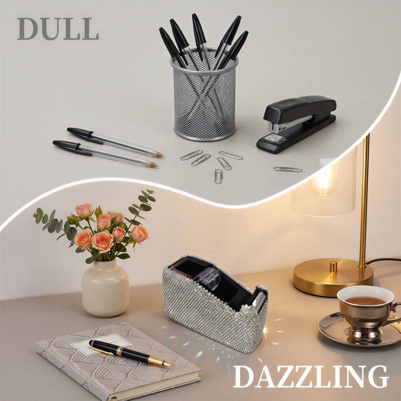 Dévidoir de ruban adhésif à strass, distributeur de bureau élégant recouvert de cristaux, petit modèle décoratif avec lame tranchante et base stable, accessoire pour maison et bureau en PET