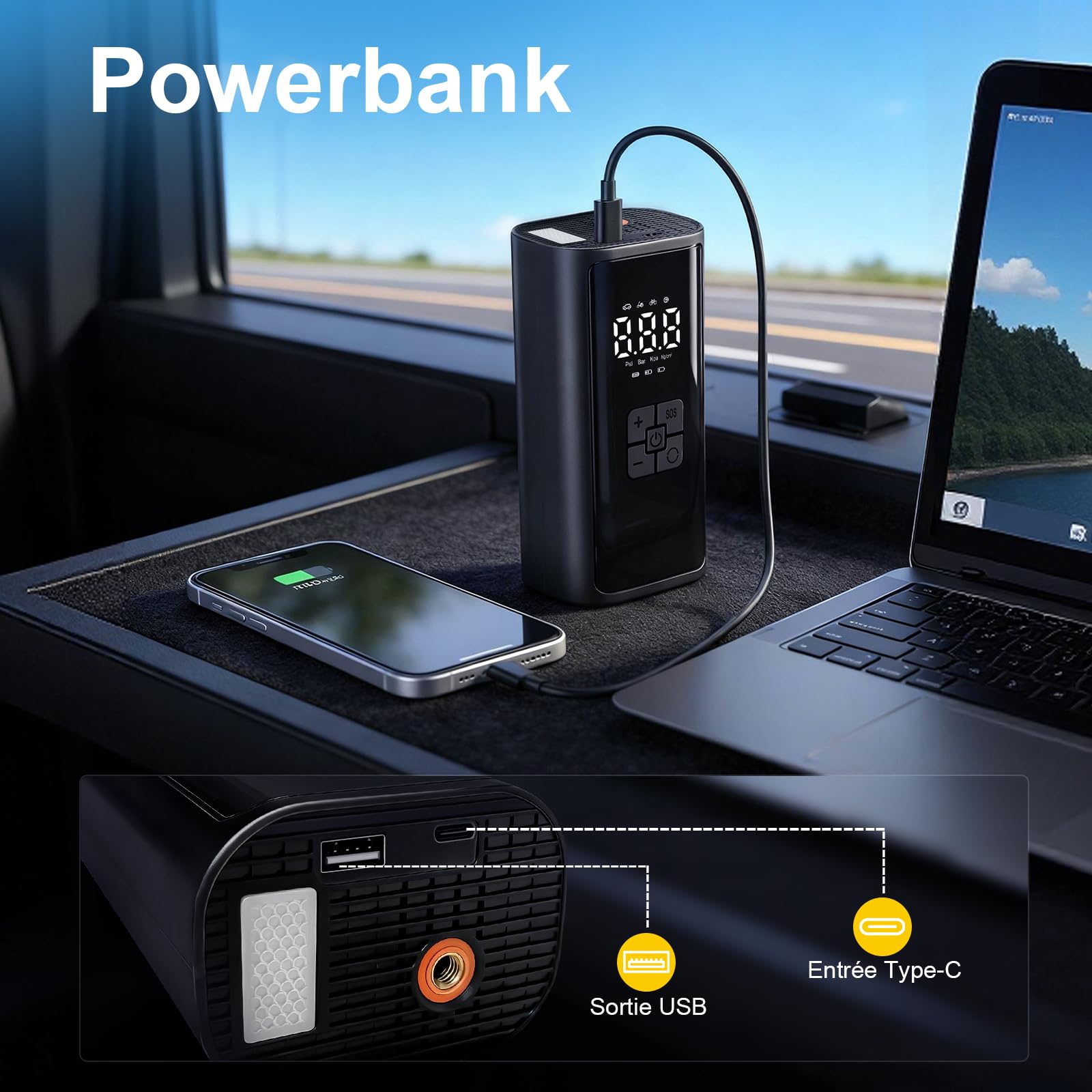 Gonfleur Pneus Voiture Sans Fil, Compresseur à Air Portatif, 150PSI (10,3 Bar) 6000mAh Mini Compresseur Portable avec Lumière LED, Voiture Pour Vélo, Moto, Vcooter, Balles