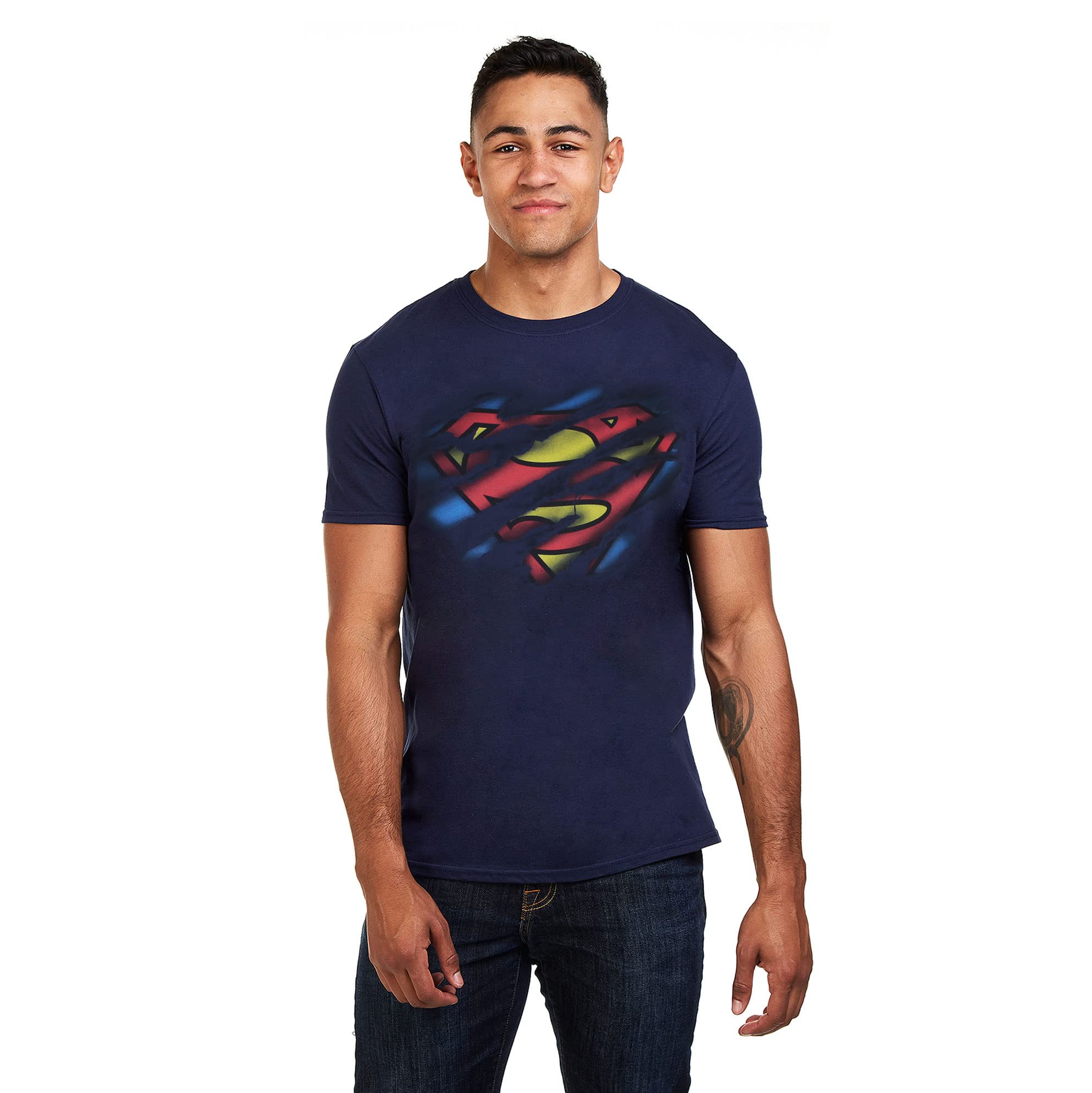 DC Comics Men's Superman Torn Logo T-Shirt, Navy Blue, Small