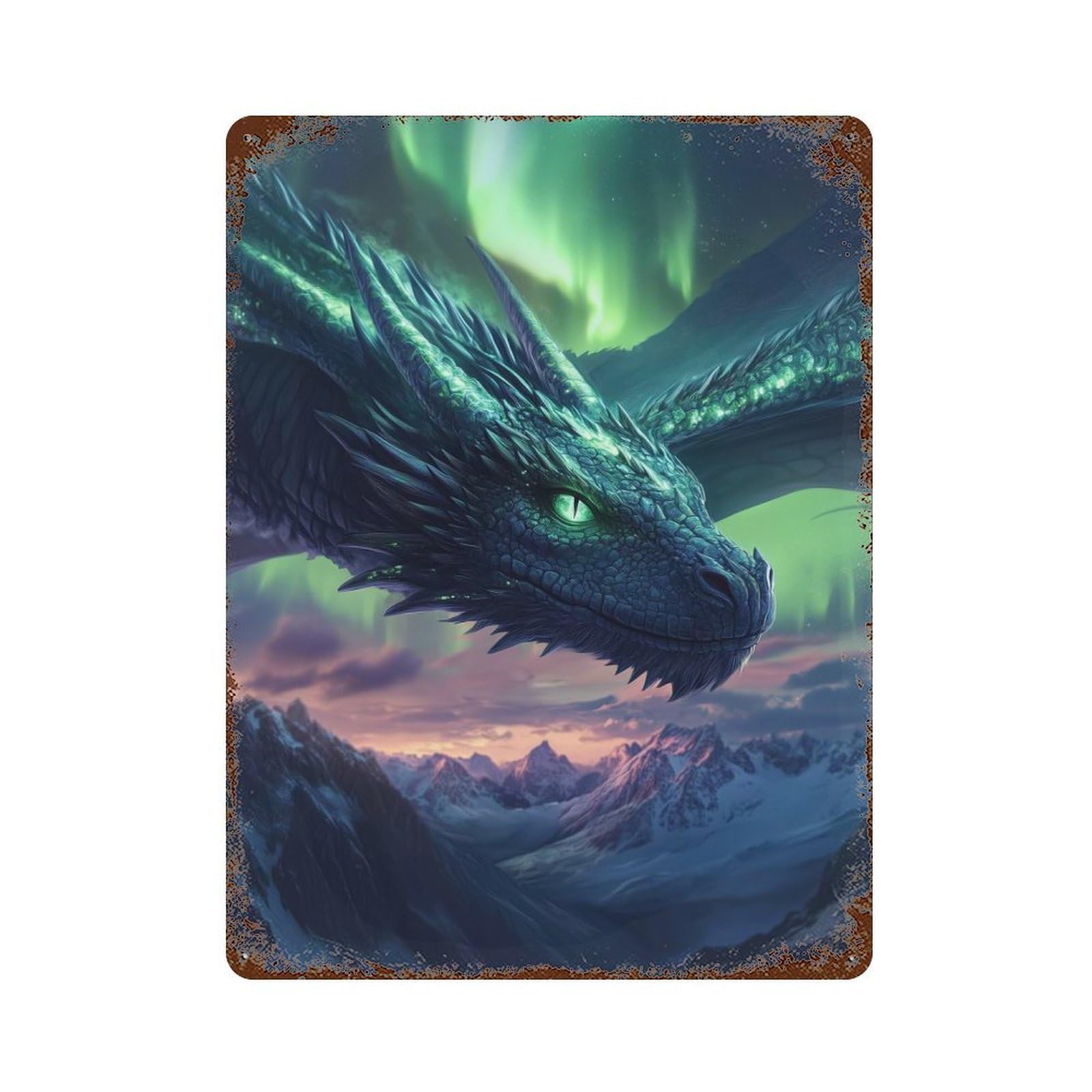 Dragon in Northern Lights Vintage Rust Metal Sign 15.7"x11.8", Ideal for Basement, Hobby Room And Garage Decor
