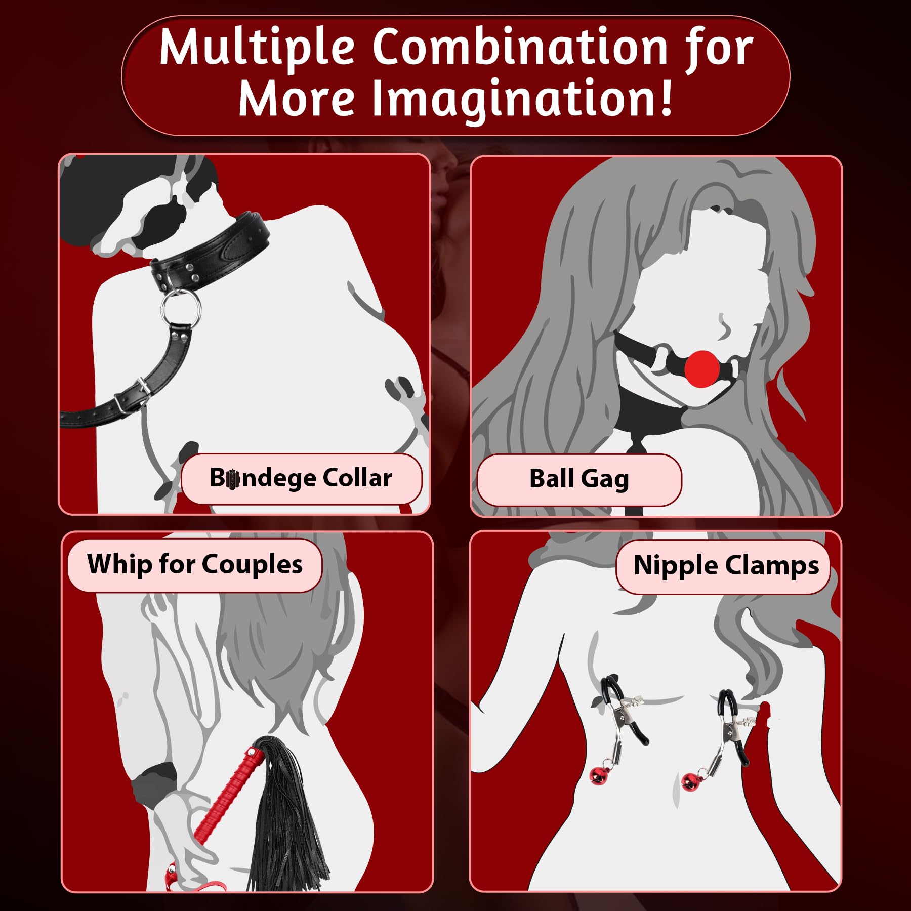 Bondage Neck to Wrist Restraints Sex Toys, BDSM Couple Handcuffs Collar Adjustable with Nipple Clamps Ball Gag Sex Whip, Sex Bondage Set Adult Toys for Couples