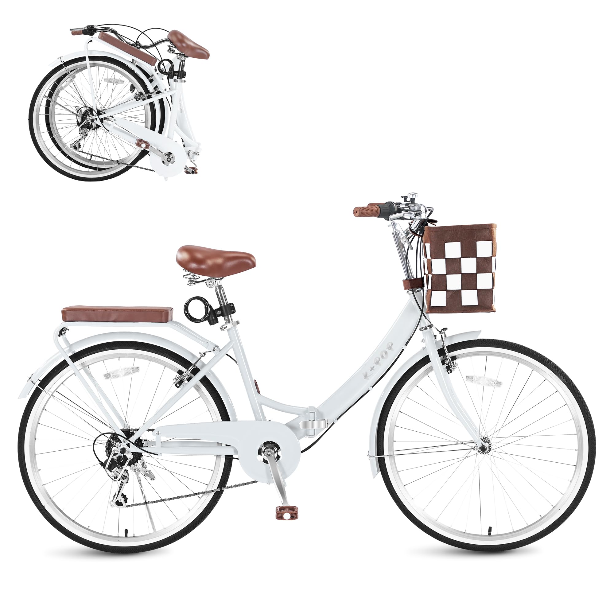 Foldable Beach Cruiser Bike for Women, 24/26 Inch Bikes for Women, 7 Speed Commute Bike with Basket Adult Womens Bicycles Folding Cruiser Bikes, City Commuting's Bicycle, Dual V-Brake