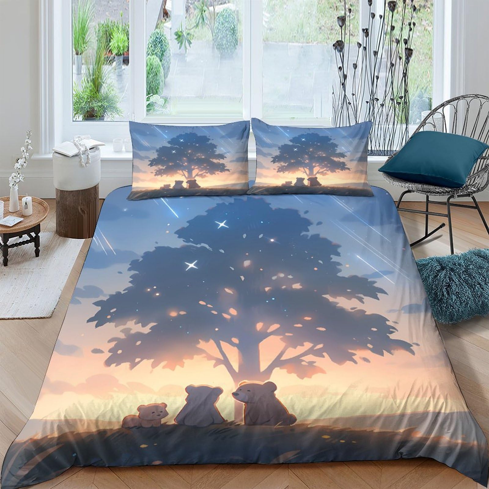 Ctjqhvkz Style-1 3D Printed Sunset Tree Fitted Sheet Microfiber Soft Breathable Night Forest Bed Cover For Bedroom Guest Room Decor Single（135X200cm）