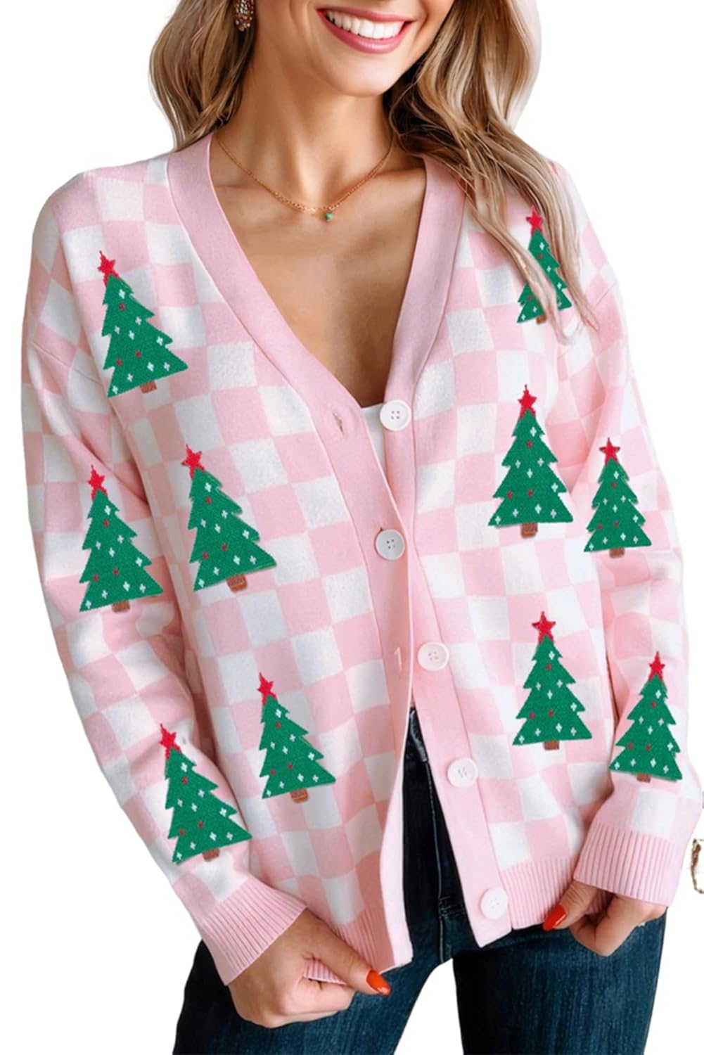 Apvirdy Womens Christmas Button Down Cardigan Checkered V Neck Knit Cardigan Contrast Trim Knitted Sweater Fall 2025