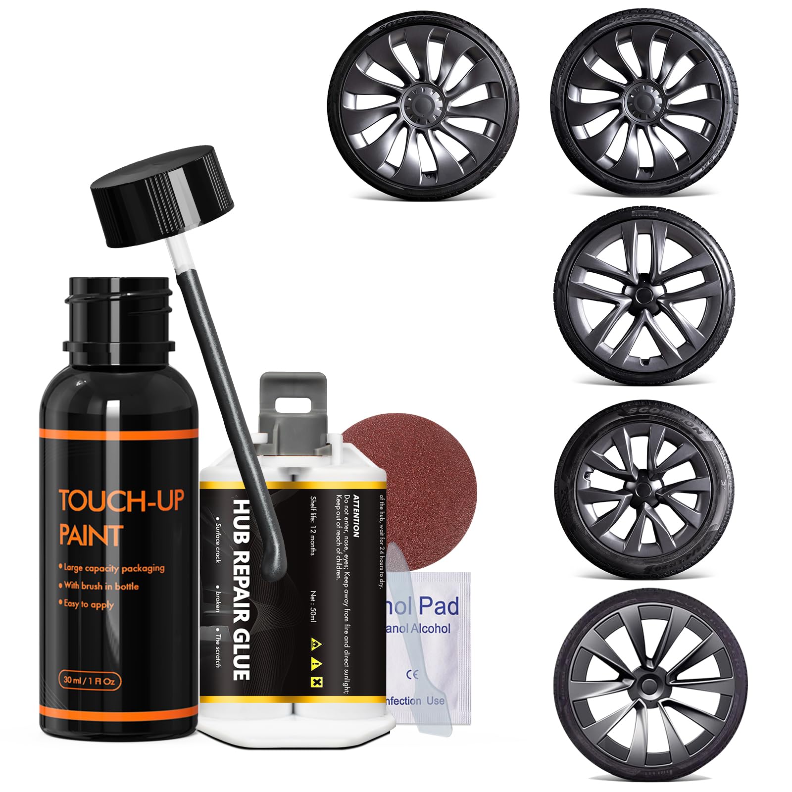XTryfun Gunpowder Rim Touch Up Paint for Tesla Model 3/Y/S/X Uberturbine/Arachnid/Cybersteam/Turbine Wheels, Rim Repair Kit Curb Rash for Fix Rims Scratches, Chips, Curb Rashes and Surface Damage