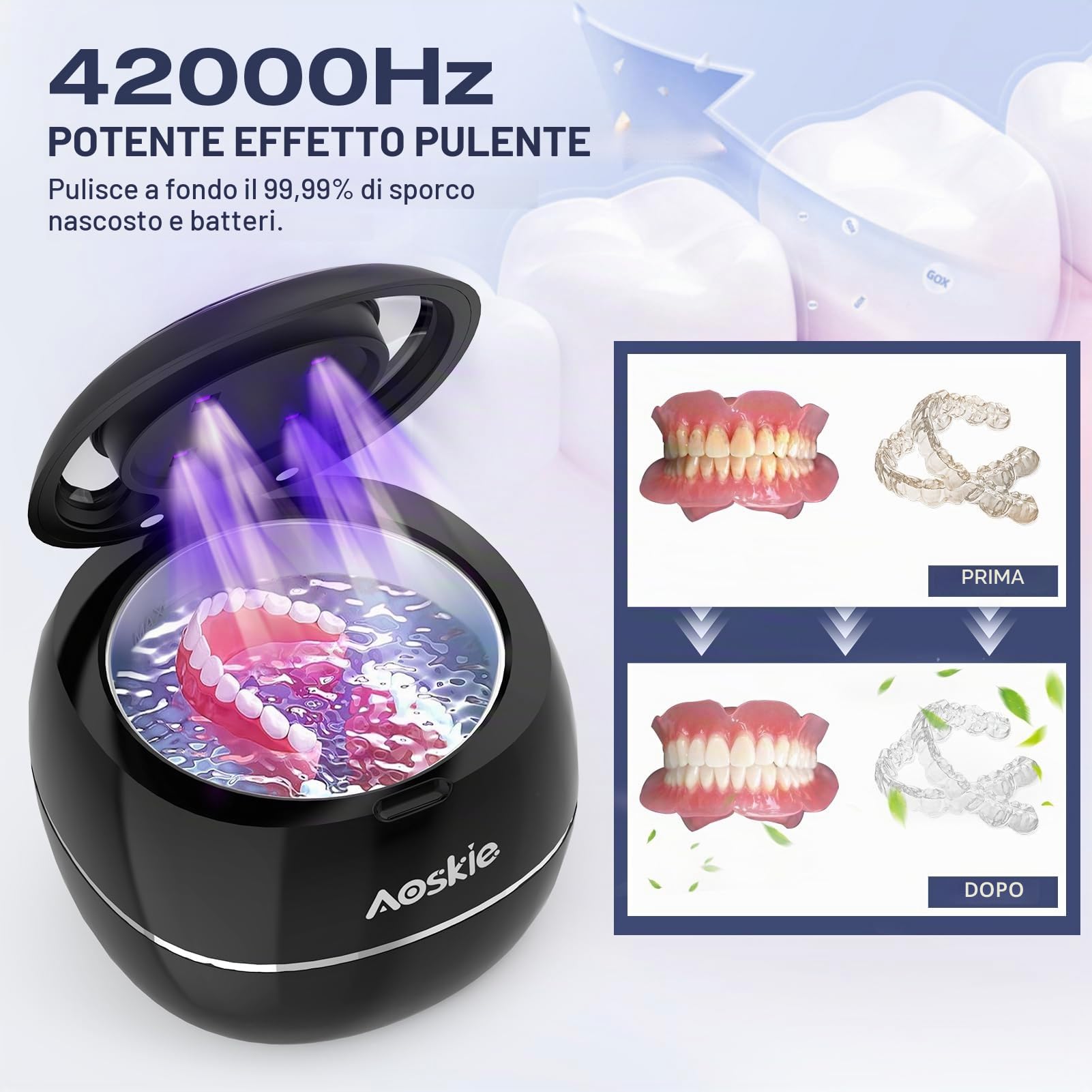 Aoskie Pulitore a Ultrasuoni 42kHz 30W con Lampada UV, 180ML – Pulizia Profonda per Protesi Dentarie, Allineatori, Paradenti, Gioielli e Testine per Spazzolino – Ideale per Casa e Viaggio