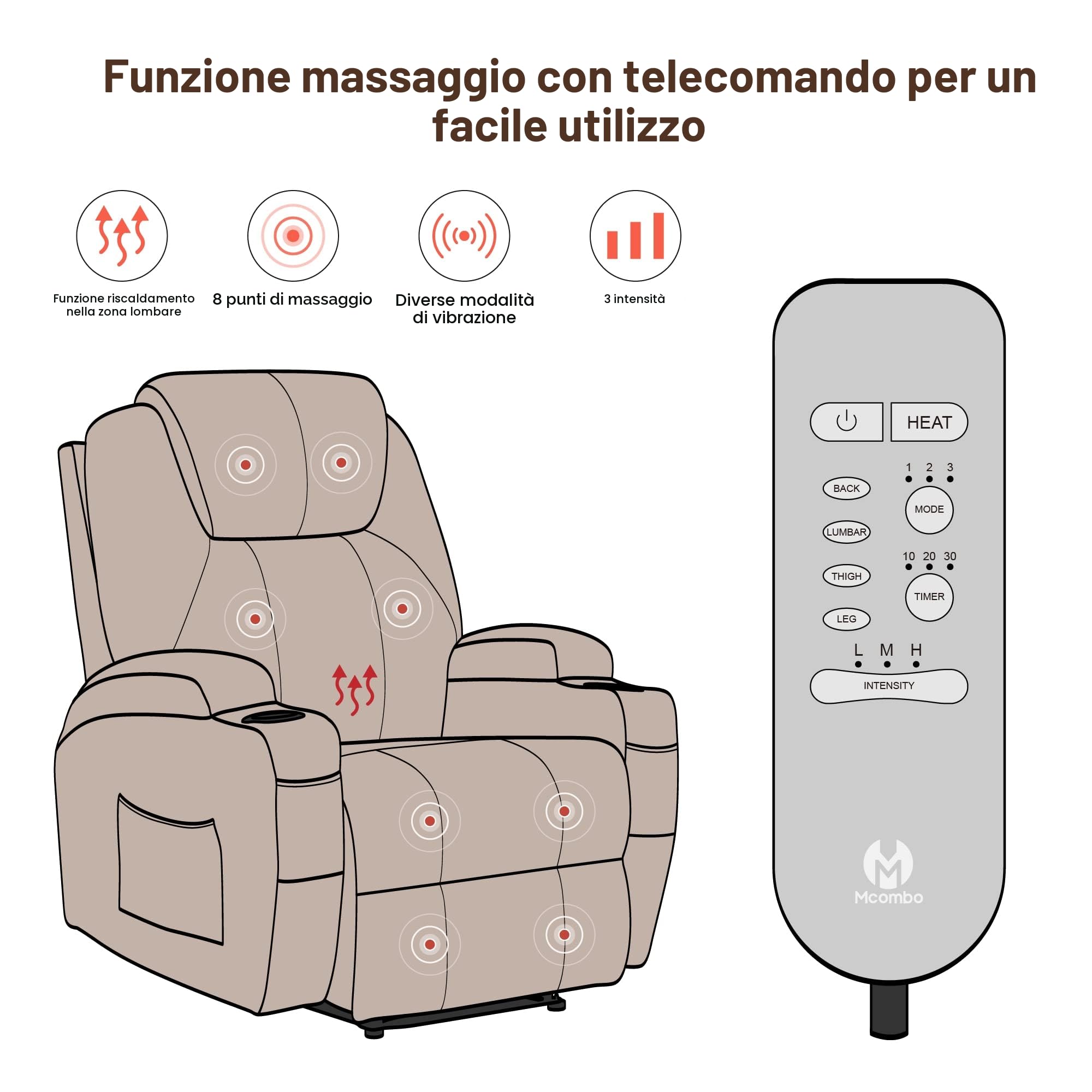 MCombo massaggio elettrico sedia poltrona reclinabile riscaldamento a vibrazione reclinabile (Nero) 7060