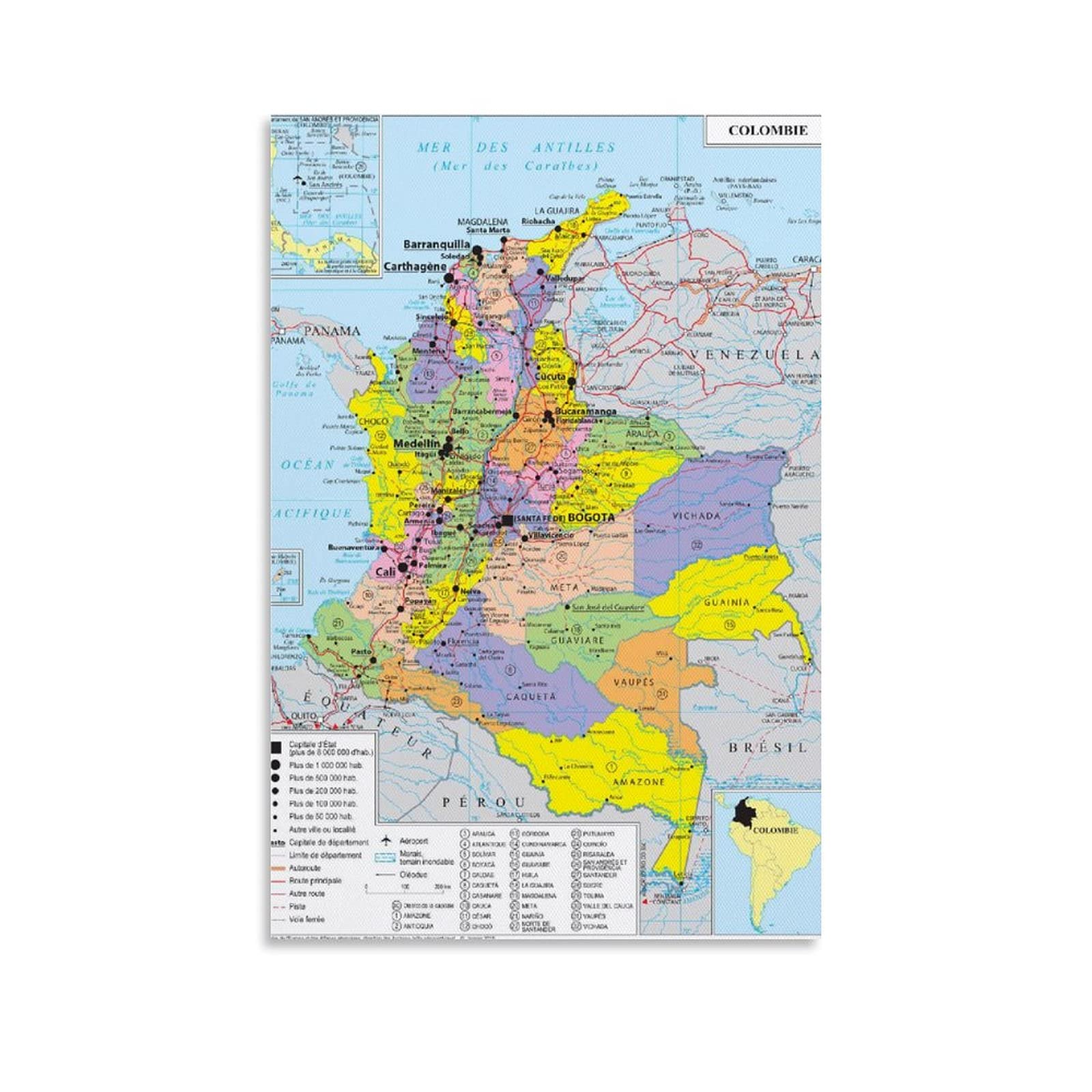 Geopolitical Map of Colombia Canvas Art Poster And Wall Art Picture Print Modern Family Bedroom Decor Posters 20x30inch(50x75cm)