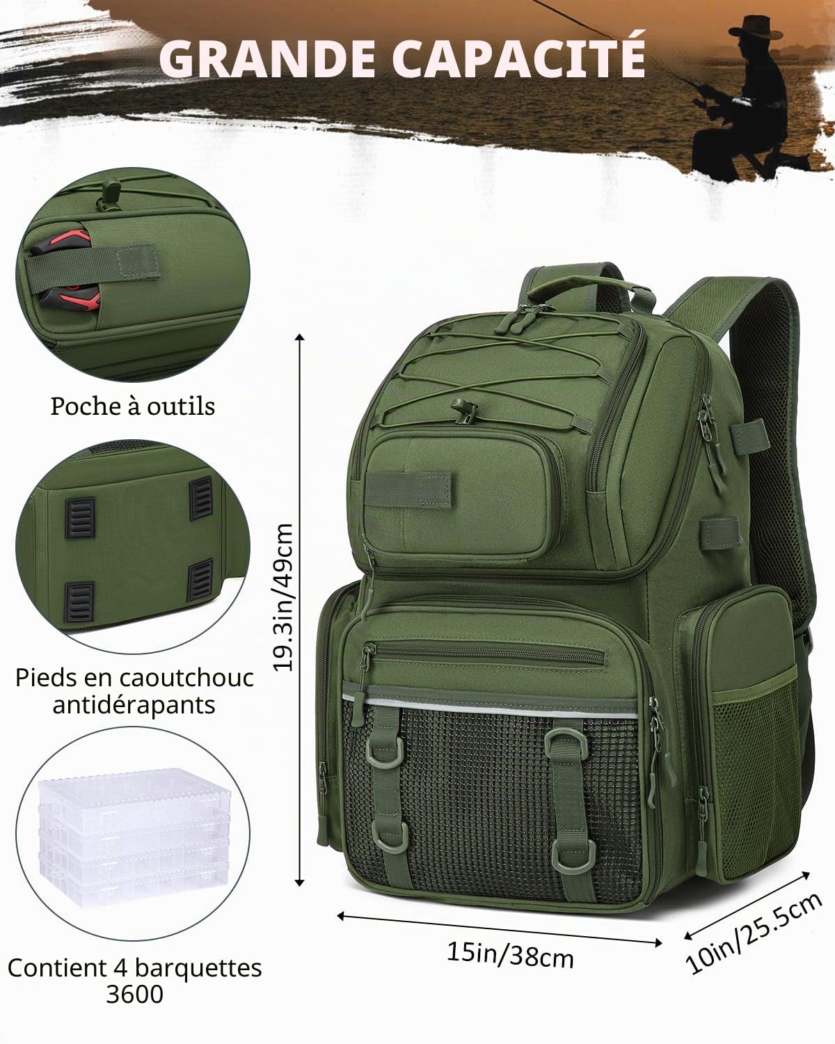 Sac à dos de pêche avec boîtes (incluses), mallette de 45 L avec compartiment isotherme, boîte de rangement étanche – Grand sac à compartiments réglables, sacs de canne à pêche
