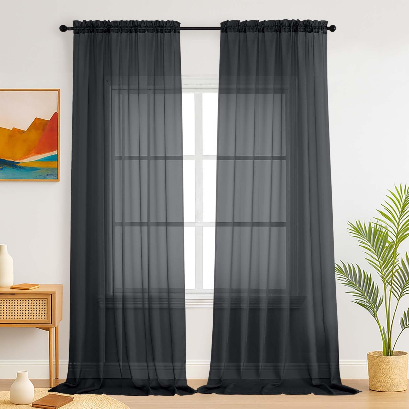 Simplebrand Sheer Black Curtains 245 cm Long, Light Filtering Rod Pocket Solid Color Window Sheer Panels, Voile Curtains & Drapes for Living Room, Bedroom 2 Panels (Black, 150cm W x 229cm L) — image 1