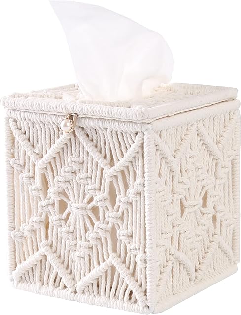 FEILANDUO Tissue Box Cover Boho Square Macrame Tissue Holders for Bathrooms Farmhouse Napkin Holder with Bead Buckle Woven Tissues Cube Box Dresser Organizer Decor