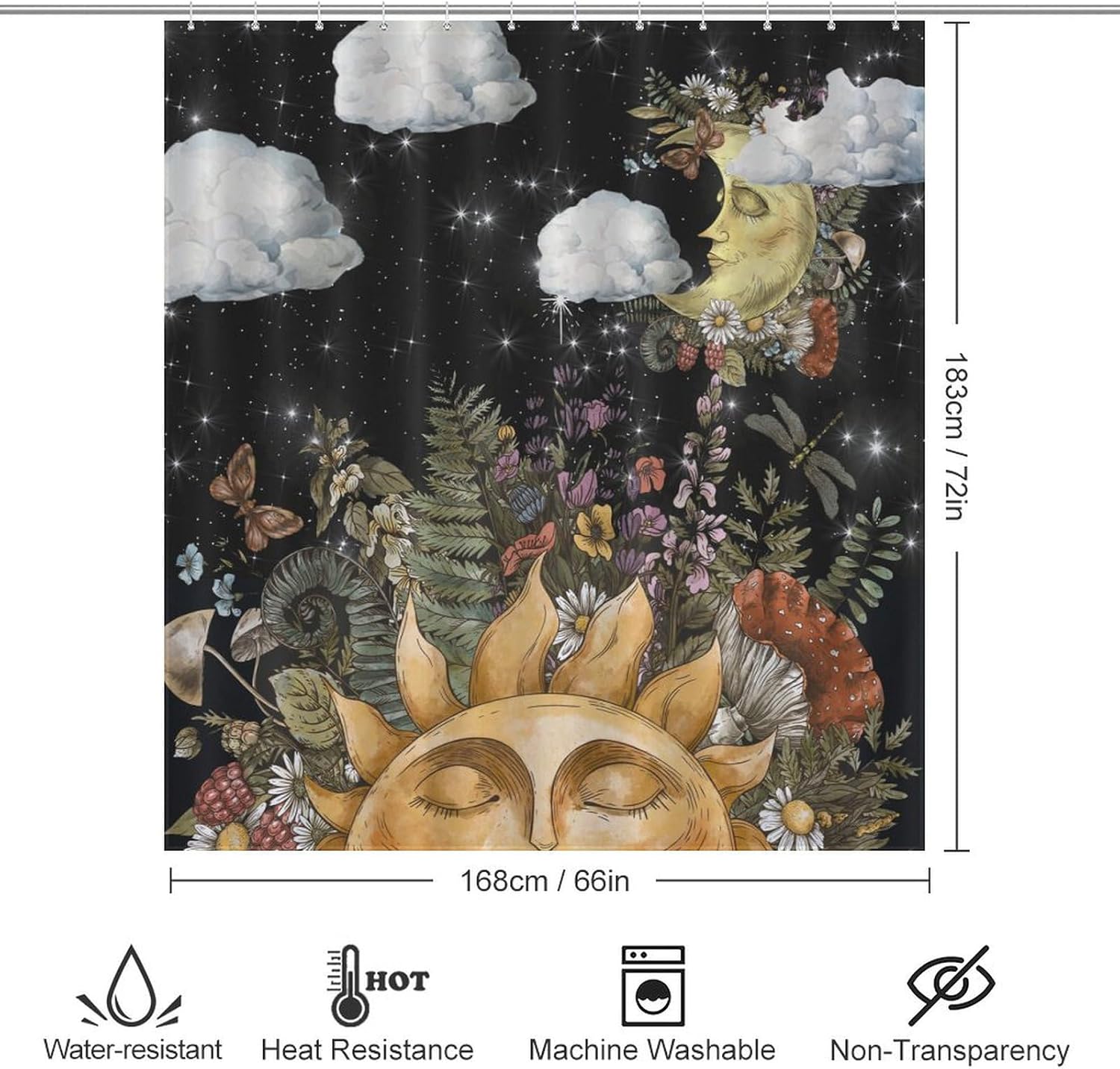Sun Moon Shower Curtain Celestial Bodies Gold Stars Mandala Art Pattern Print Bath Curtains for Bathroom Polyester Home Decor Cloth Fabric Set 66x72Inch（168x183cm）