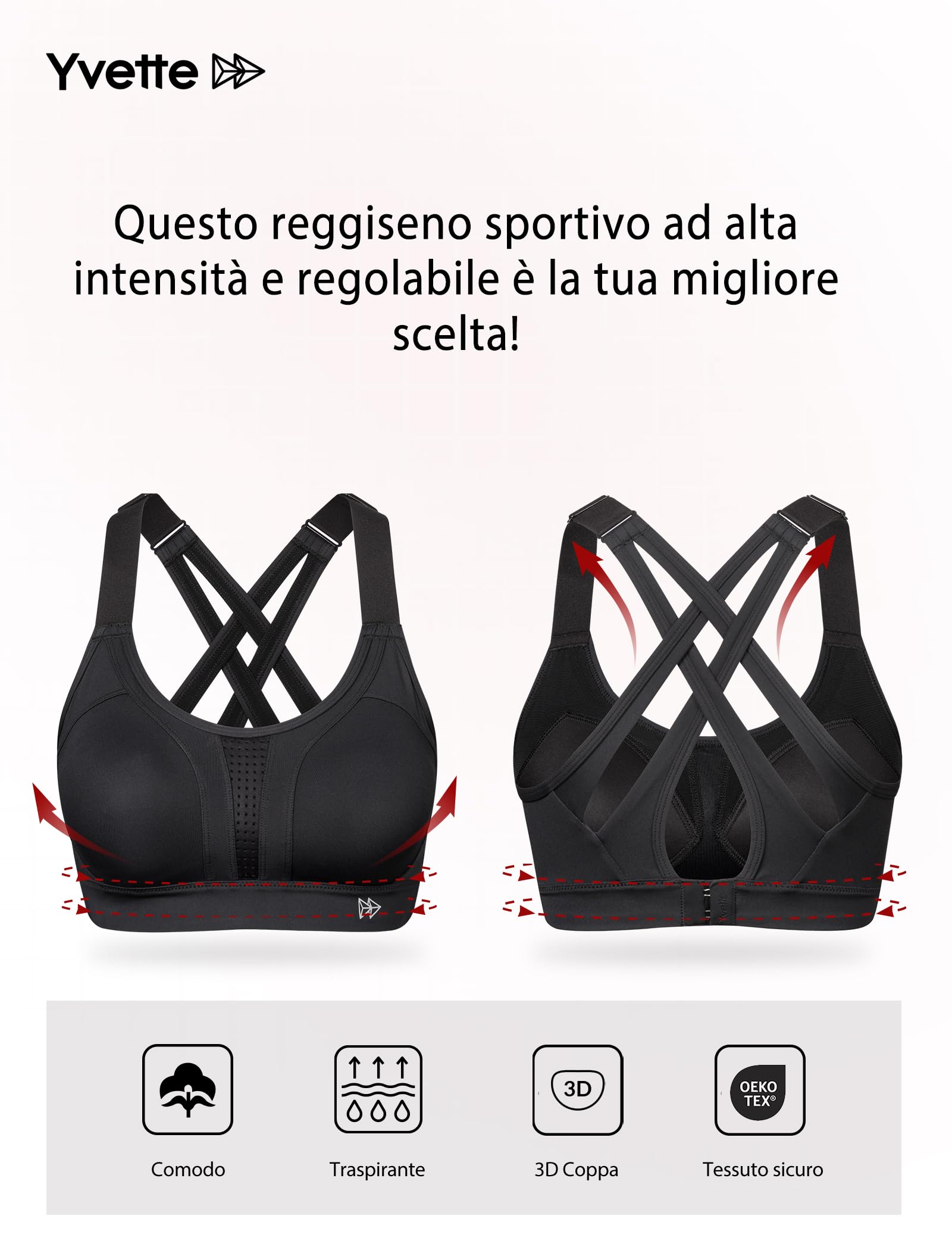 Yvette Reggiseno Sportivo Cinghie Regolabili Forte Sostegno Spalline Incrociate sul Retro Plus per Ginnastica Corsa Jogging Yoga, Nero, M Plus