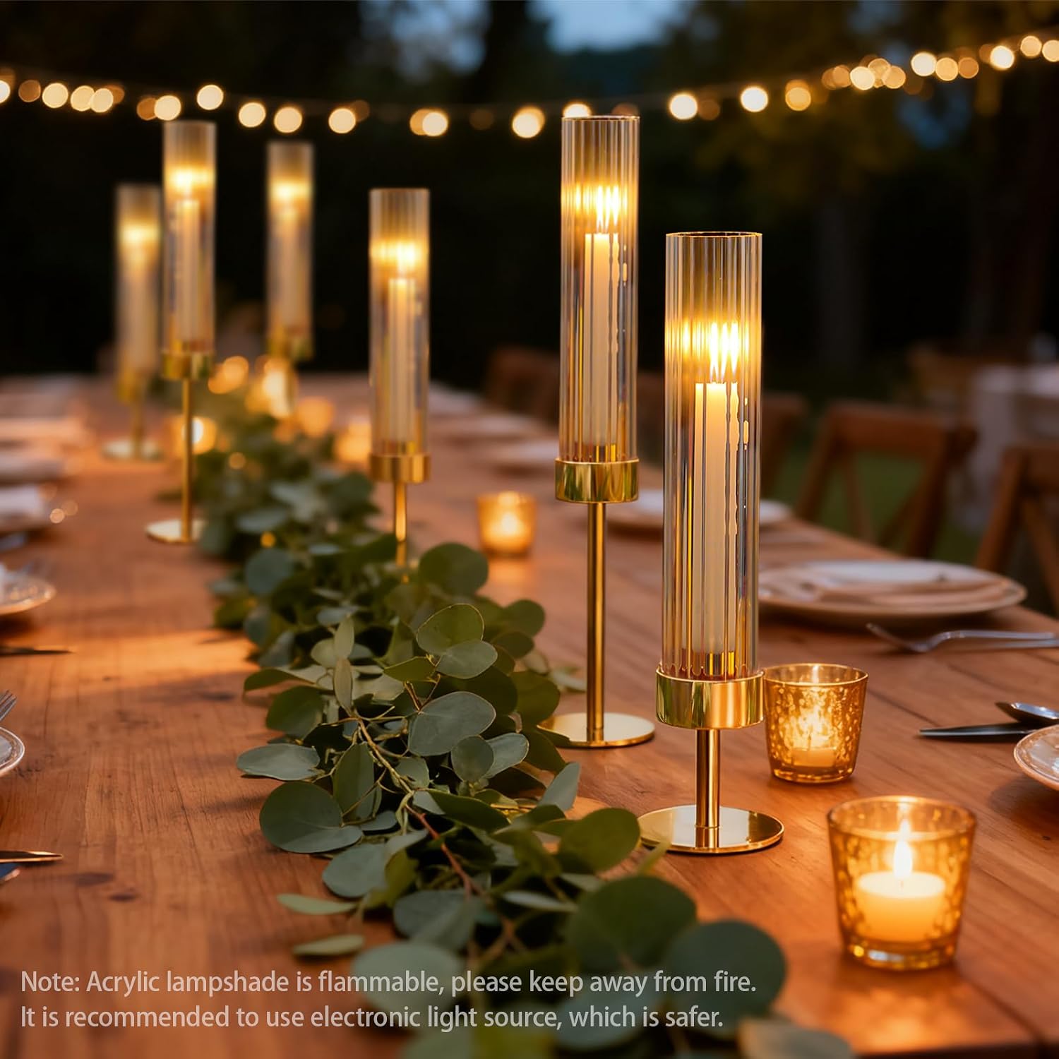 Metal & Acrylic Taper Candle Holders with Ribbed Design - Hurricane Clear Cylinder Candelabra for Wedding, Christmas, Party, Dining Table Centerpiece Decor (Gold, Set of 6)