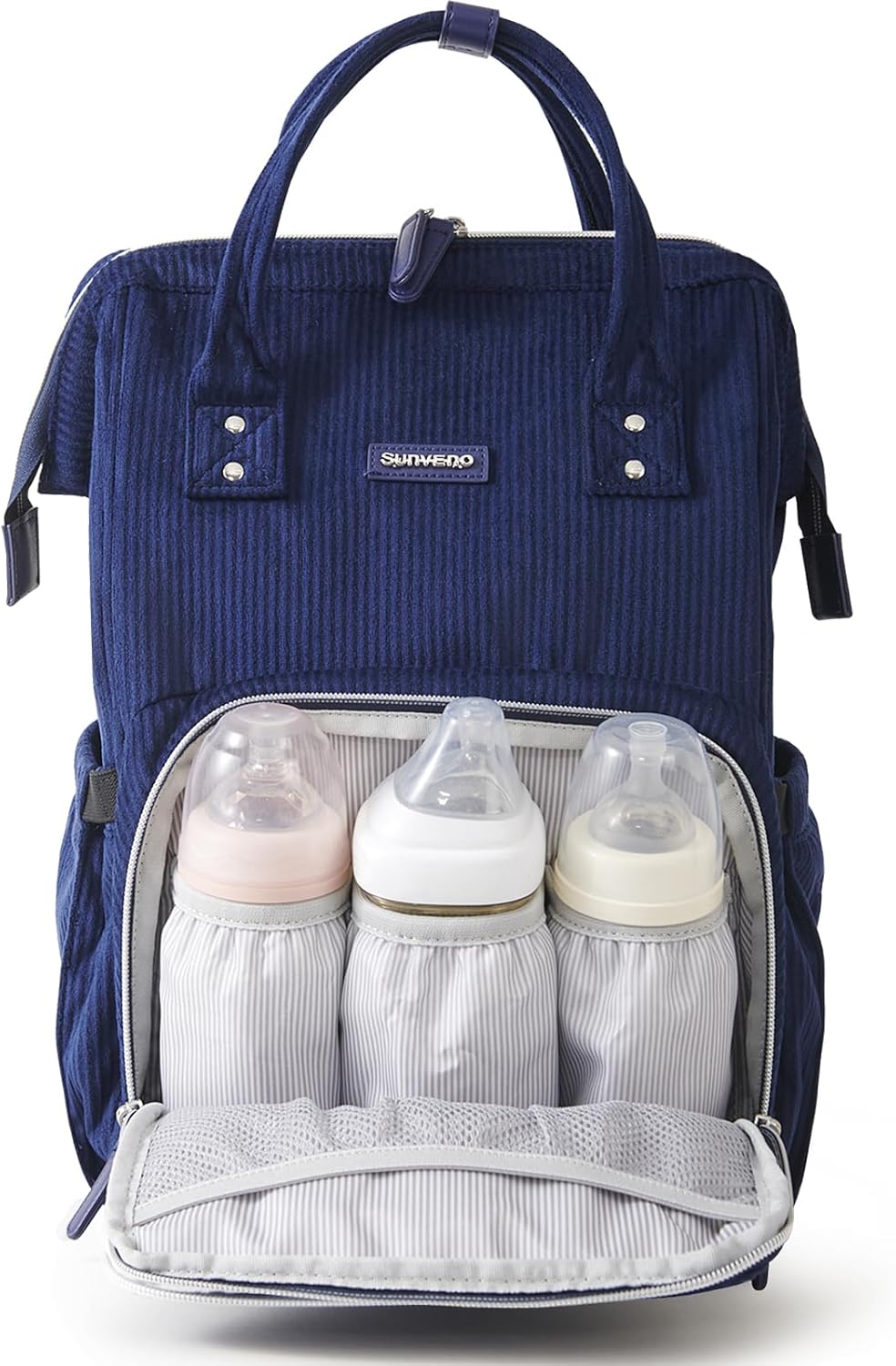 SUNVENO Velvet Stitching Diaper Bag Backpack Large Capacity Tote Shoulder Nappy Bag Organizer for Baby Care with Insulated Pockets, Waterproof Fabric, Blue