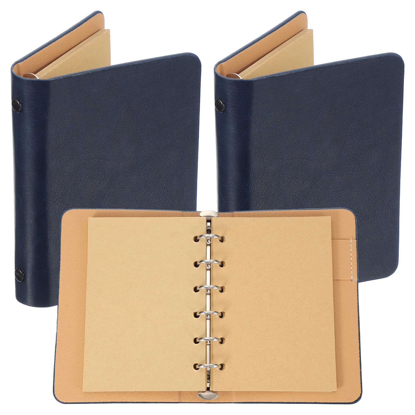 PATIKIL 6 Ring Binder Cover, 2 Pack A7 Kraft Leather Notebook Binder Mini Refillable Loose Leaf Personal Planner with 50 Sheets Paper, Dark Blue