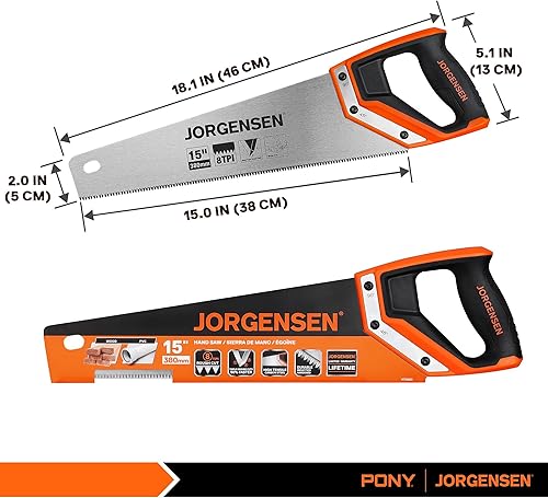 Miniatura 2 de JORGENSEN Sierra de mano profesional de 15 pulgadas, mango ergonómico de soldadura ultrasónica de aluminio antideslizante de corte fino 8 TPI para