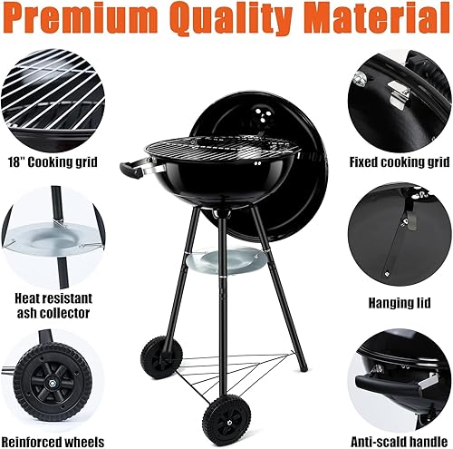 Miniatura 4 de Leonyo - Parrilla de carbón portátil de 18 pulgadas, ahumador redondo con ruedas y tapa esmaltada de porcelana para cocinar al aire libre,