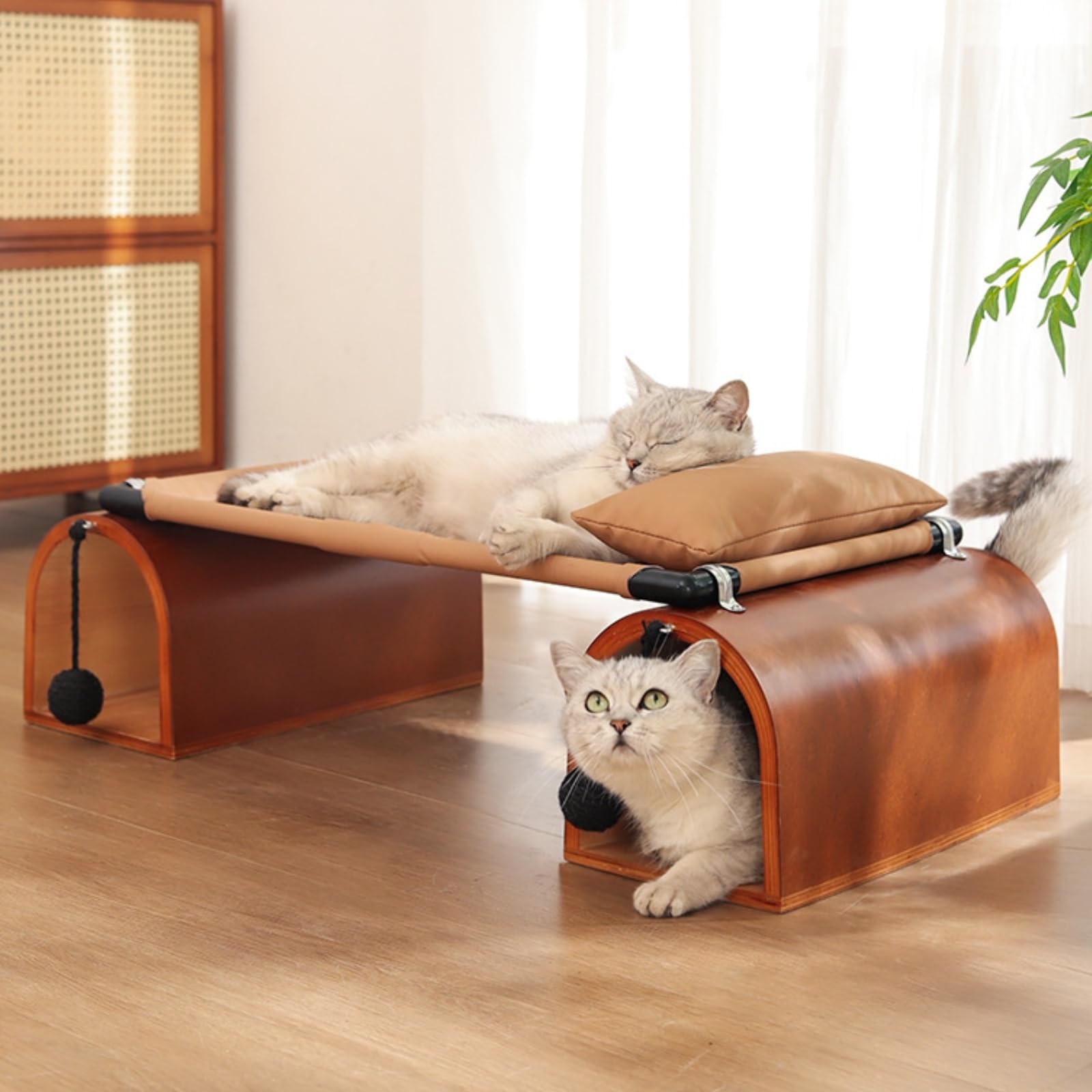kowaku Tunnel Riposo Letto Gatto Amaca Rifugio Cunicolo con Tessuto Tecnico AntiGraffio Struttura in Legno Ferro Superficie, Marrone, Letto A Tunnel per Gatti