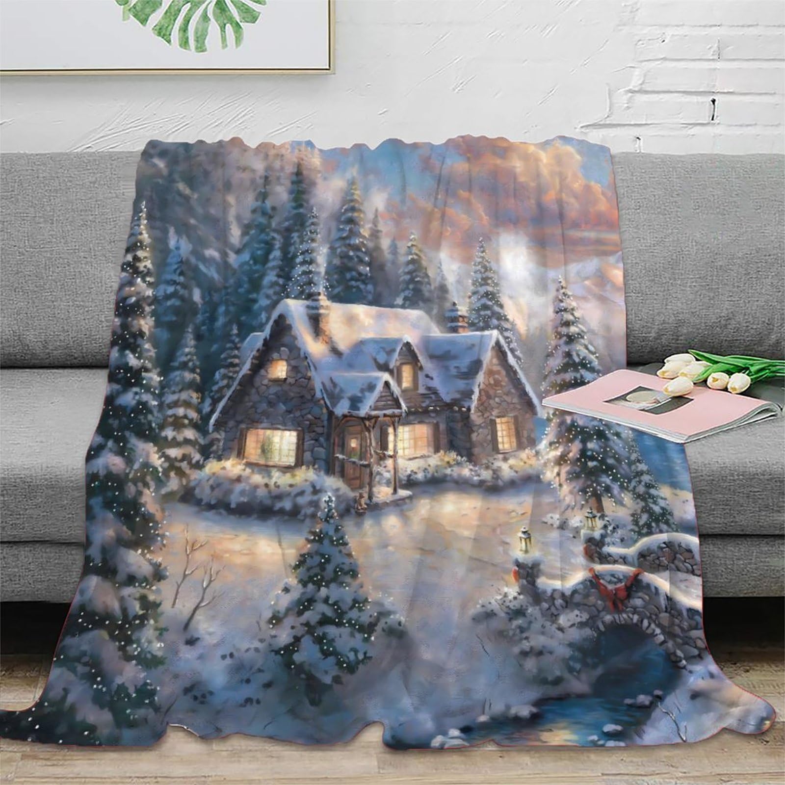 Couverture microfibre 150x200cm imprimé enneigé pour lit ou canapé
