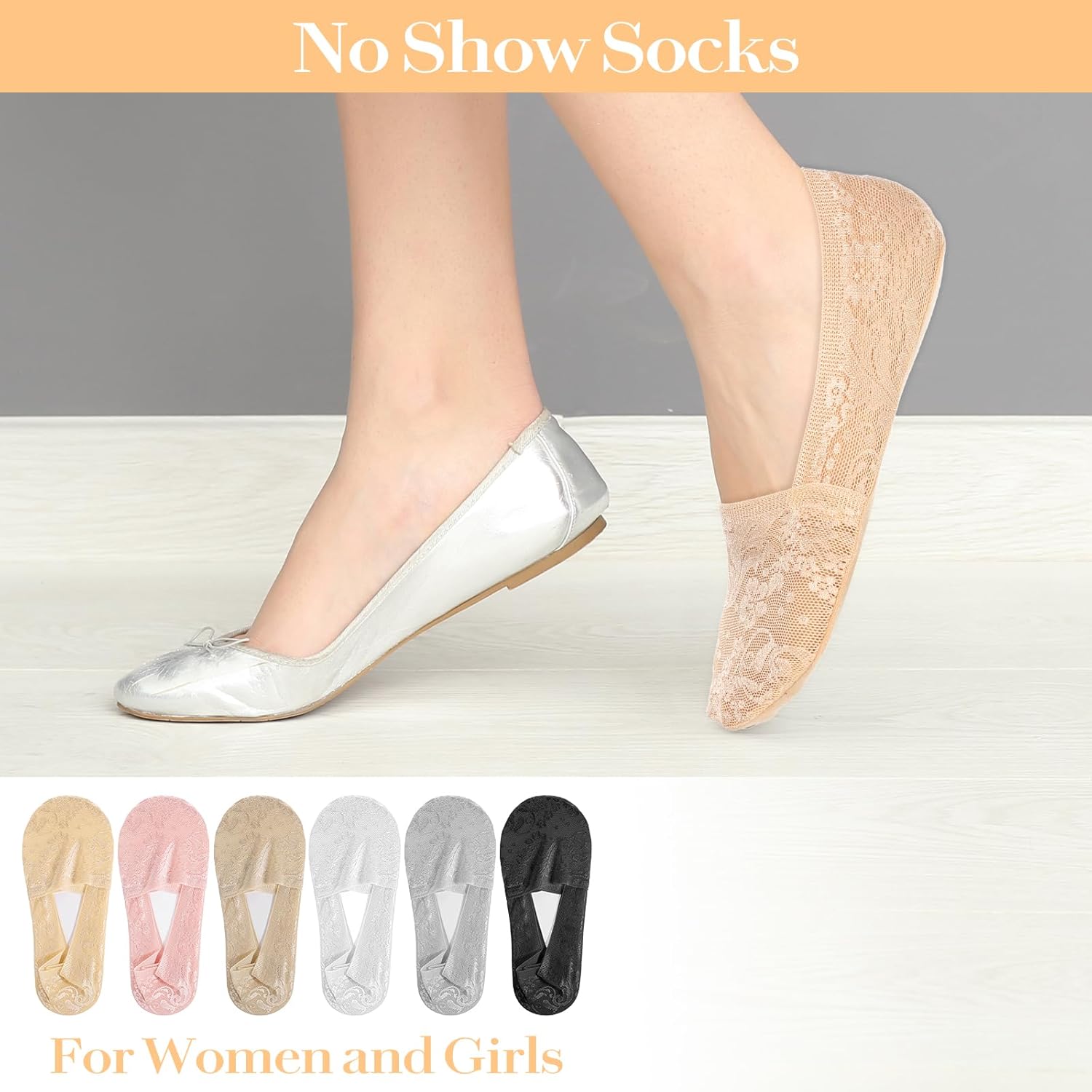 6 Pairs Women No Show Lace Boat Socks, Cotton Invisible Non-slip Ankle Sock Multicolor Ultra Low Cut Liner - Image 5