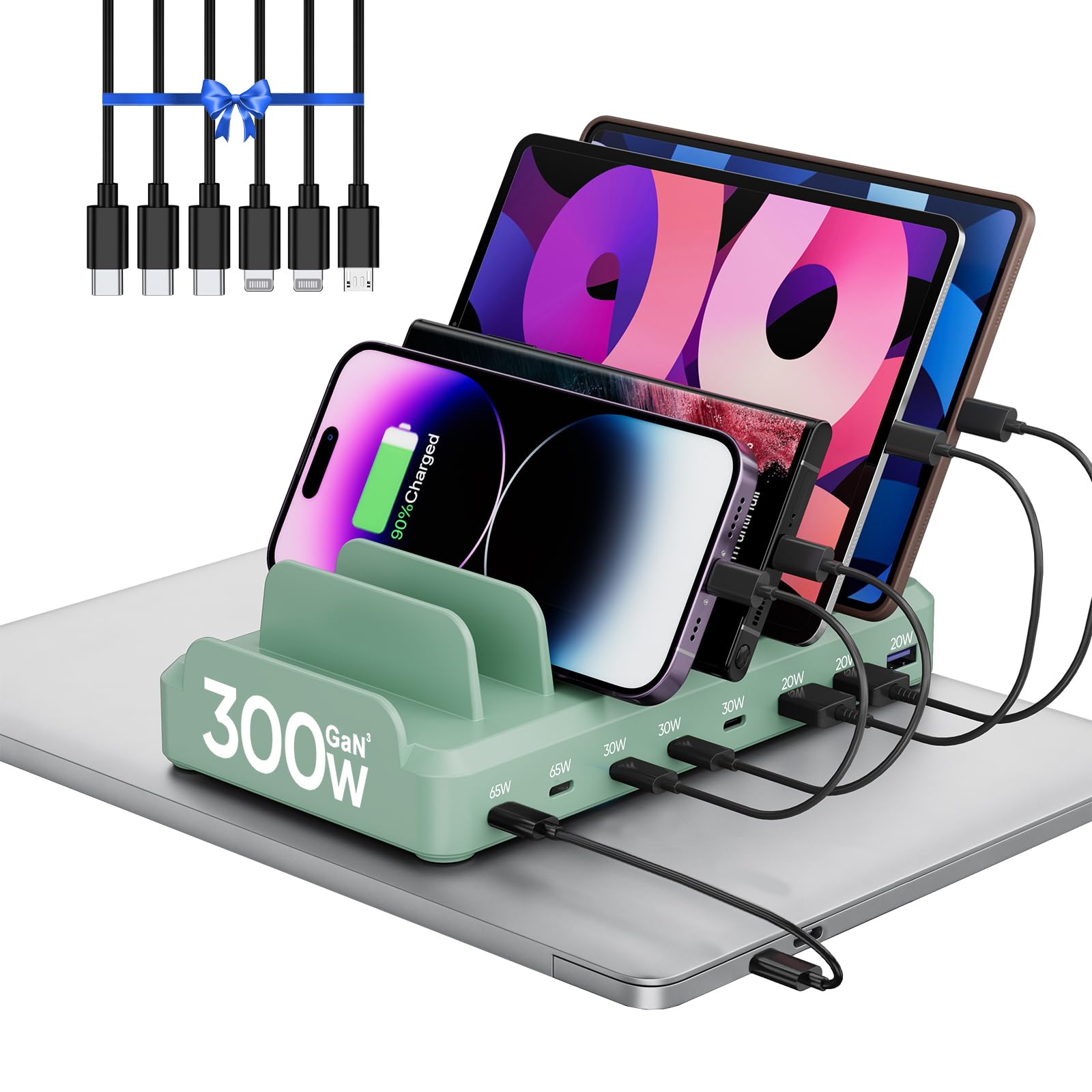 Estación de carga 300W multiUSB C de 8 puertos con cables para MacBook e iPhone 7