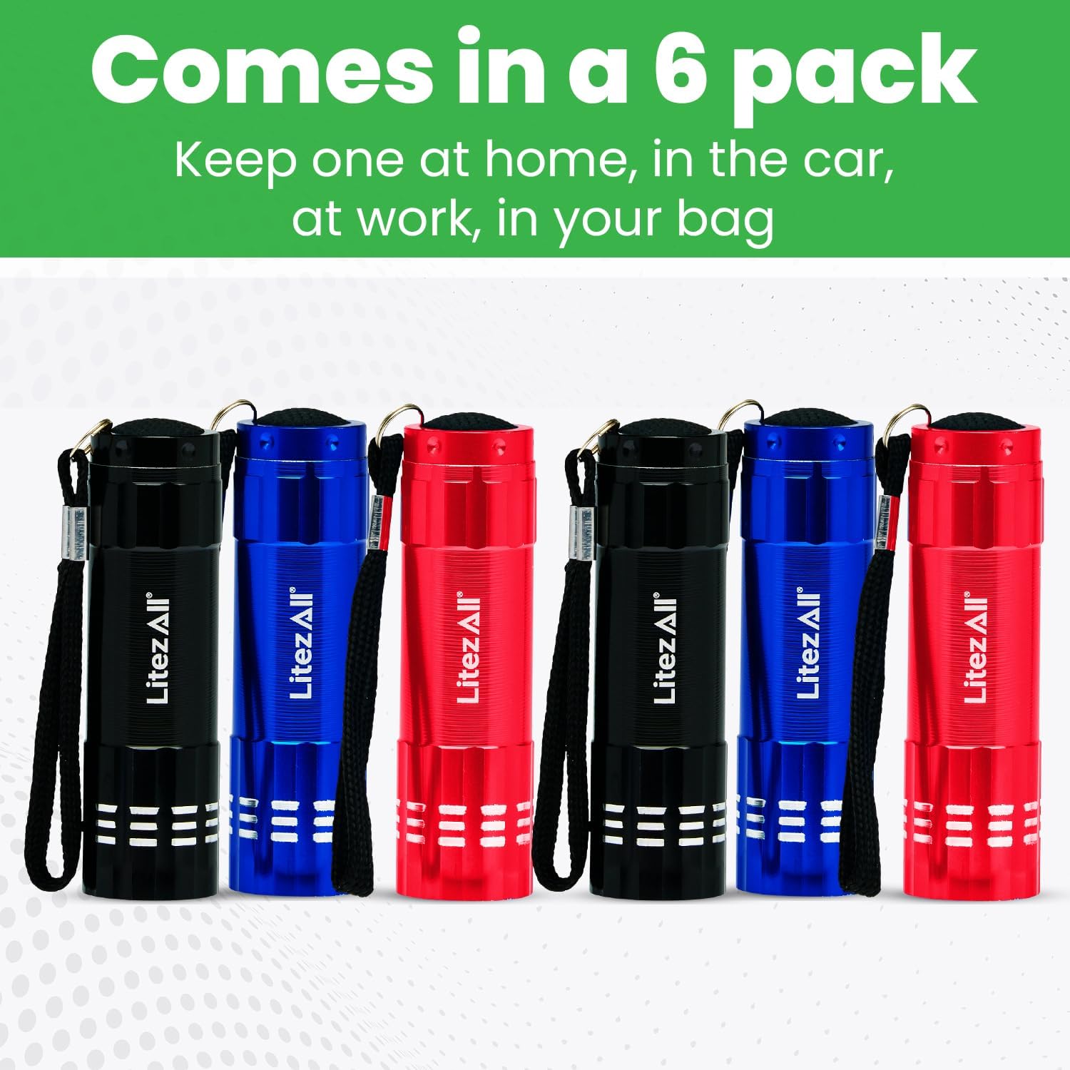 LitezAll Small Flashlights 6 Pack – Bright Small Flashlight, LED Flashlights, Pocket Size, Battery Powered (Black, Red, Blue)